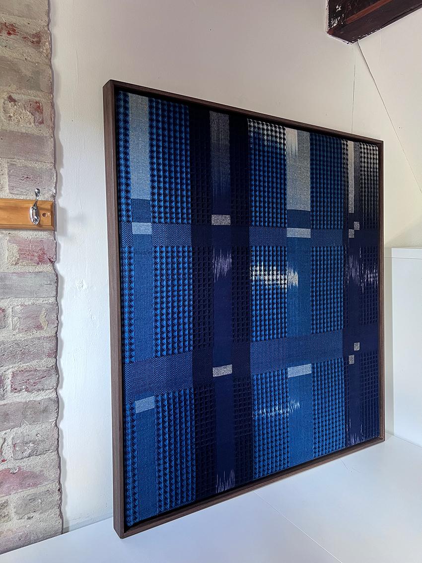British Handwoven  Ikat Natural Indigo & Plant Dyed Block Framed Artwork For Sale