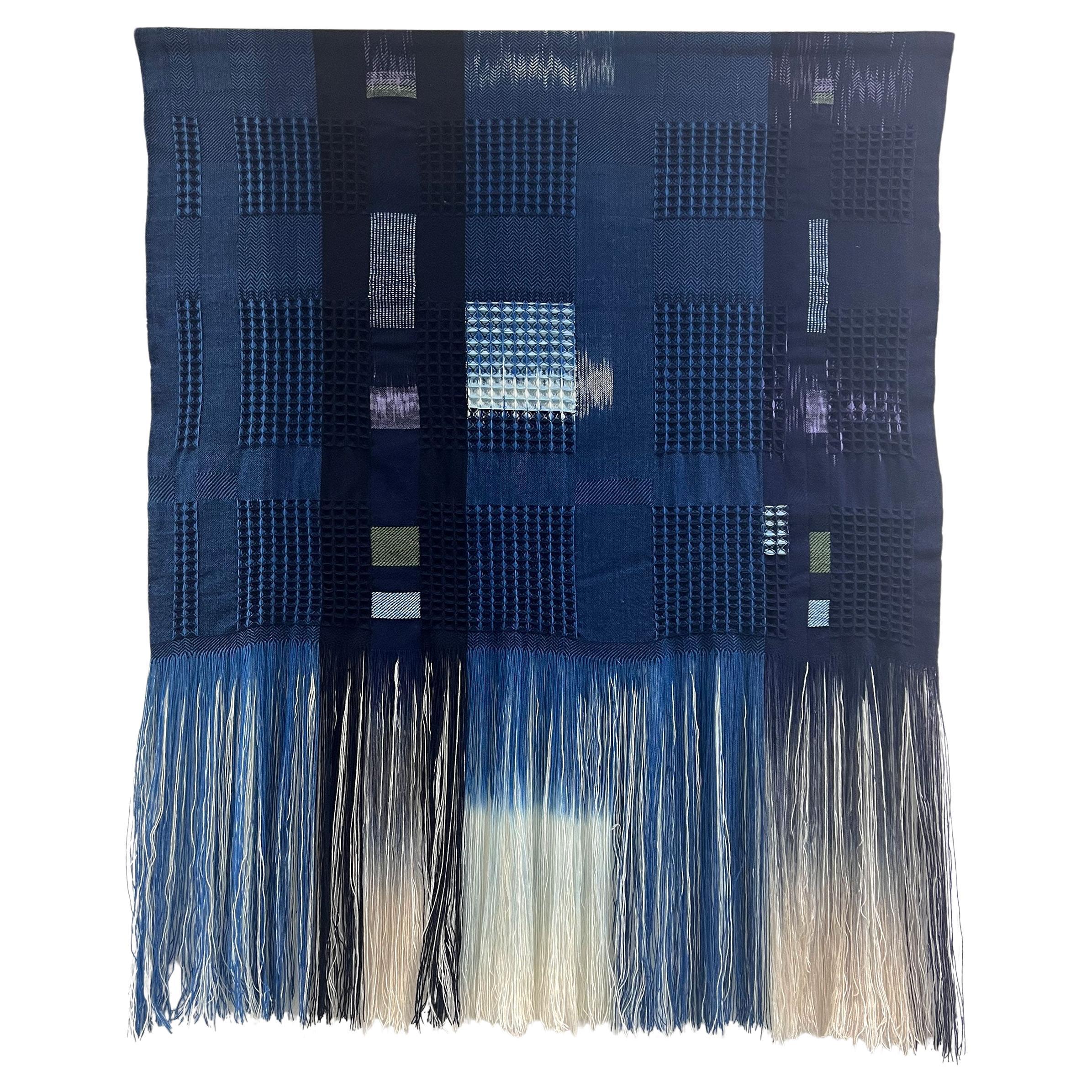 Handwoven  Ikat Natural Indigo & Plant Dyed Fringed Artwork