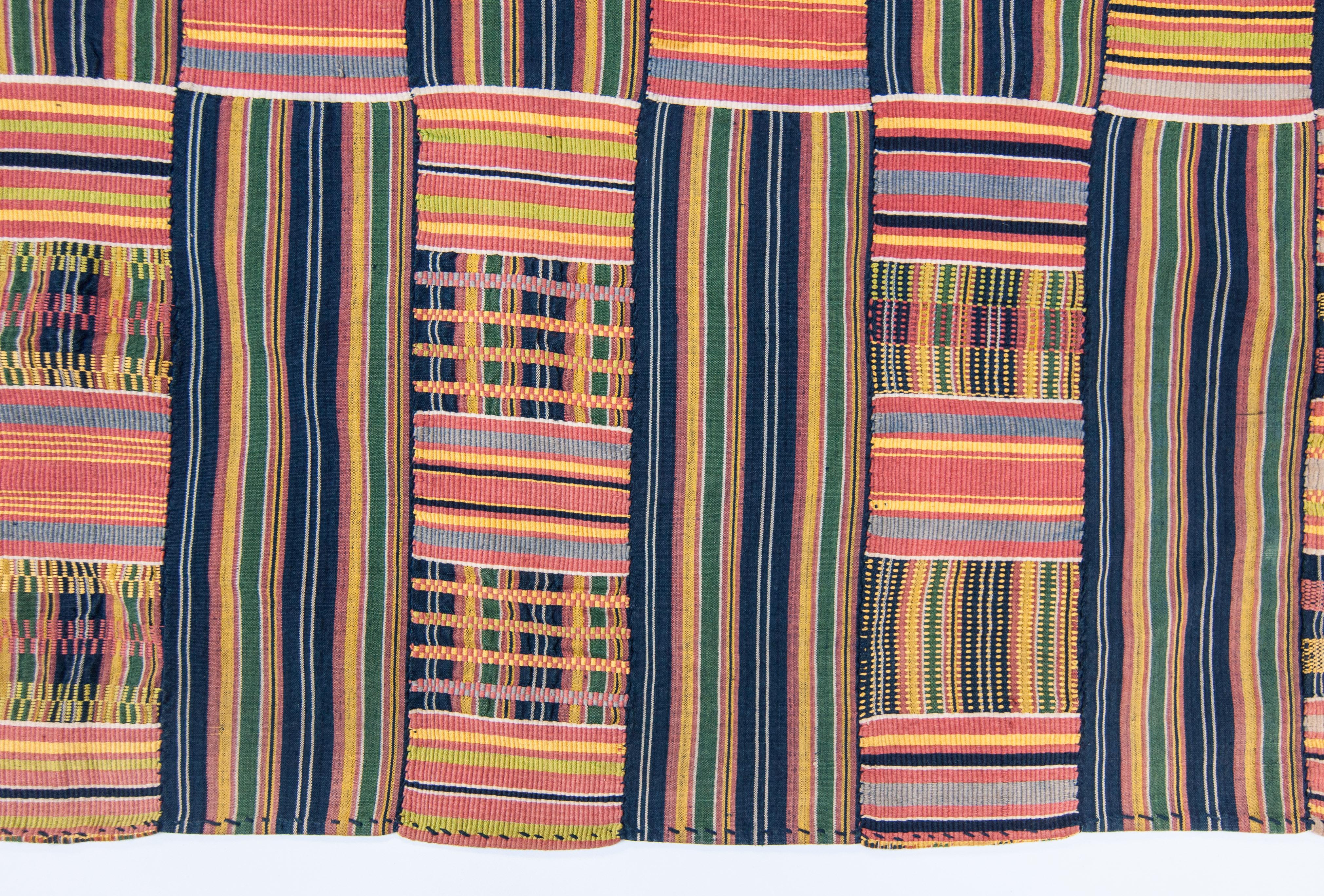 Tribal Handwoven Kente Textile, Ewe of Ghana, W. Africa, Cotton & Silk Mid-20th Century