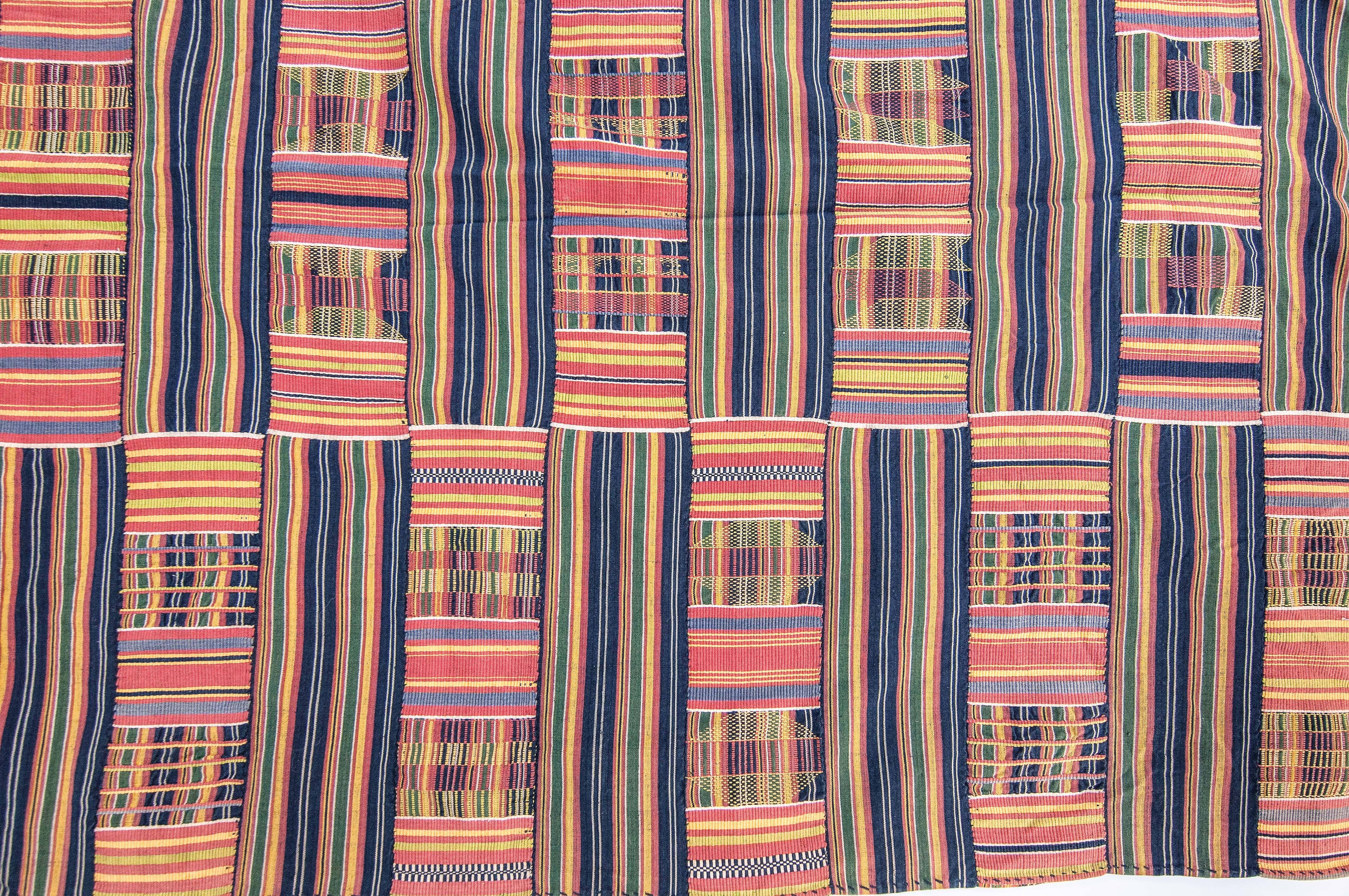 Ghanaian Handwoven Kente Textile, Ewe of Ghana, W. Africa, Cotton & Silk Mid-20th Century