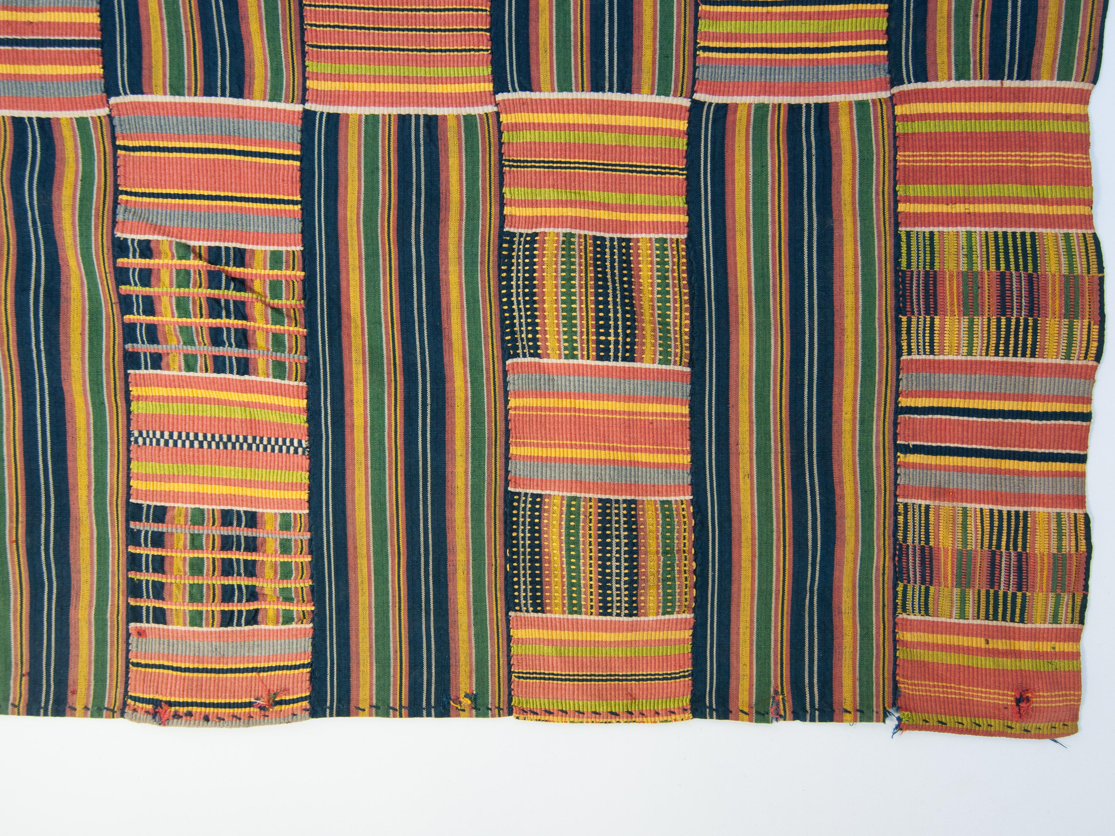 Hand-Woven Handwoven Kente Textile, Ewe of Ghana, W. Africa, Cotton & Silk Mid-20th Century