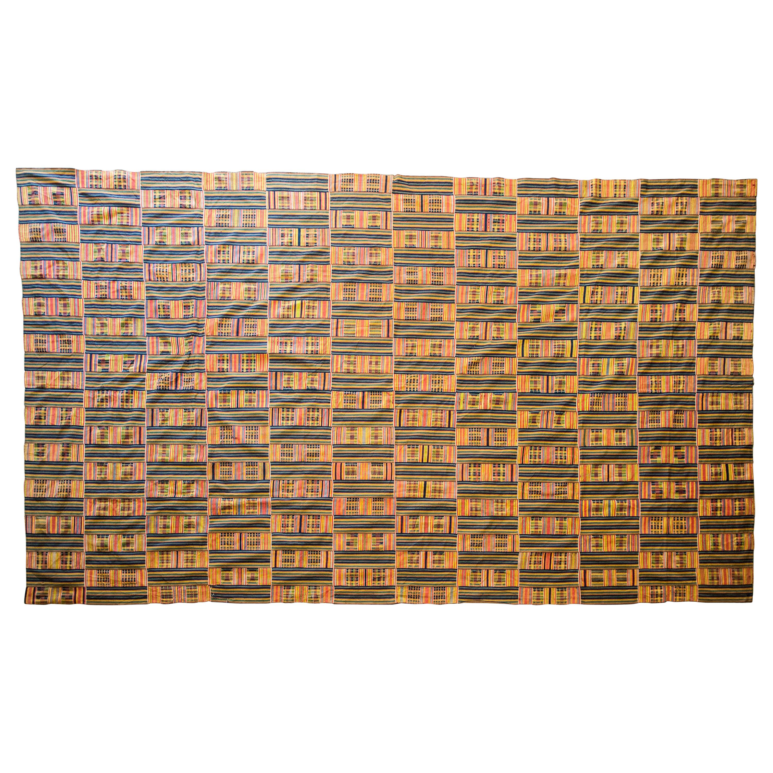 Handwoven Kente Textile, Ewe of Ghana, W. Africa, Cotton & Silk Mid-20th Century