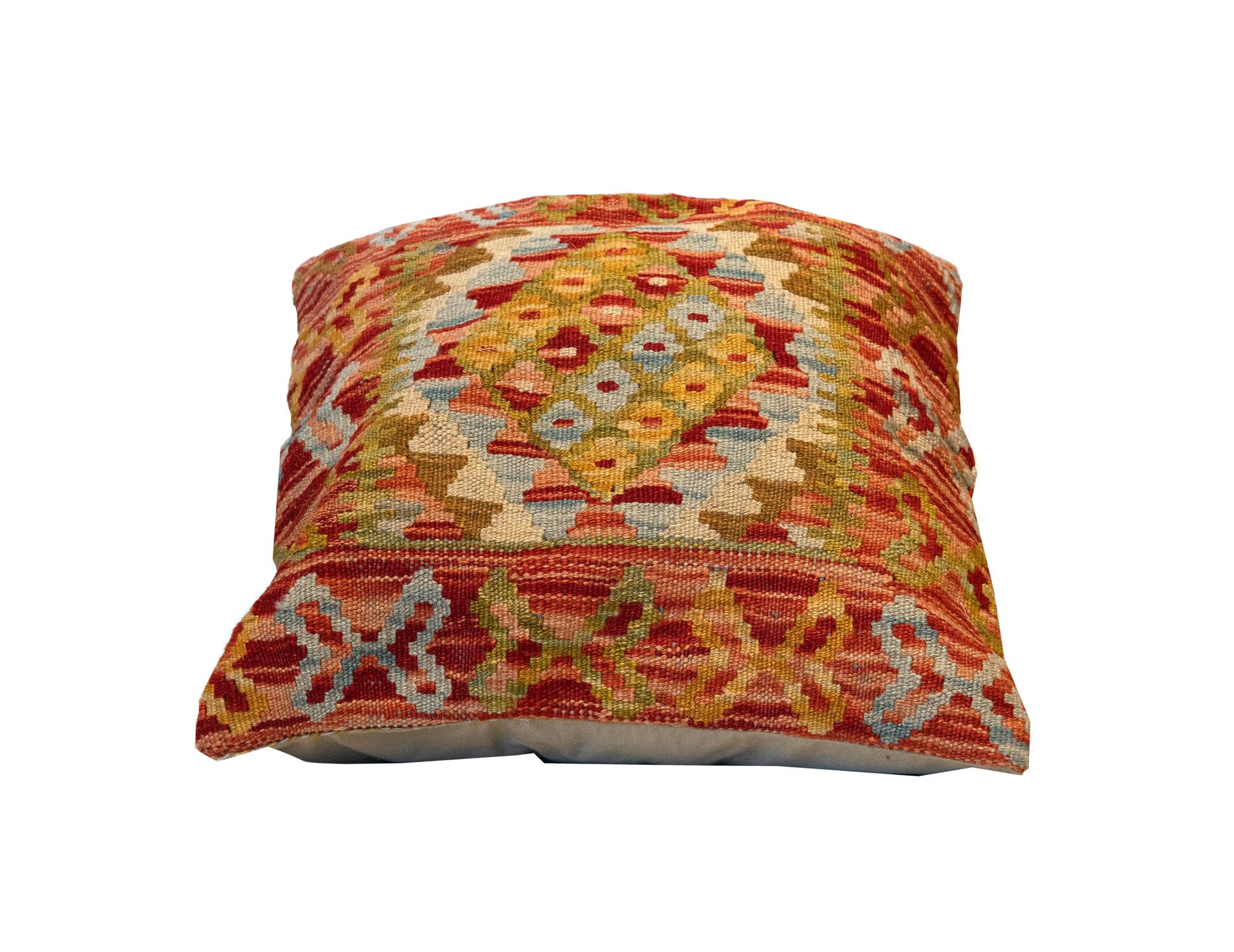 Handwoven Kilim Cushion Cover Orange Red Wool Scatter Pillow Case In Excellent Condition In Hampshire, GB