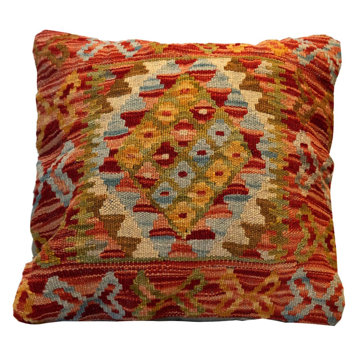 Handwoven Kilim Cushion Cover Orange Red Wool Scatter Pillow Case at