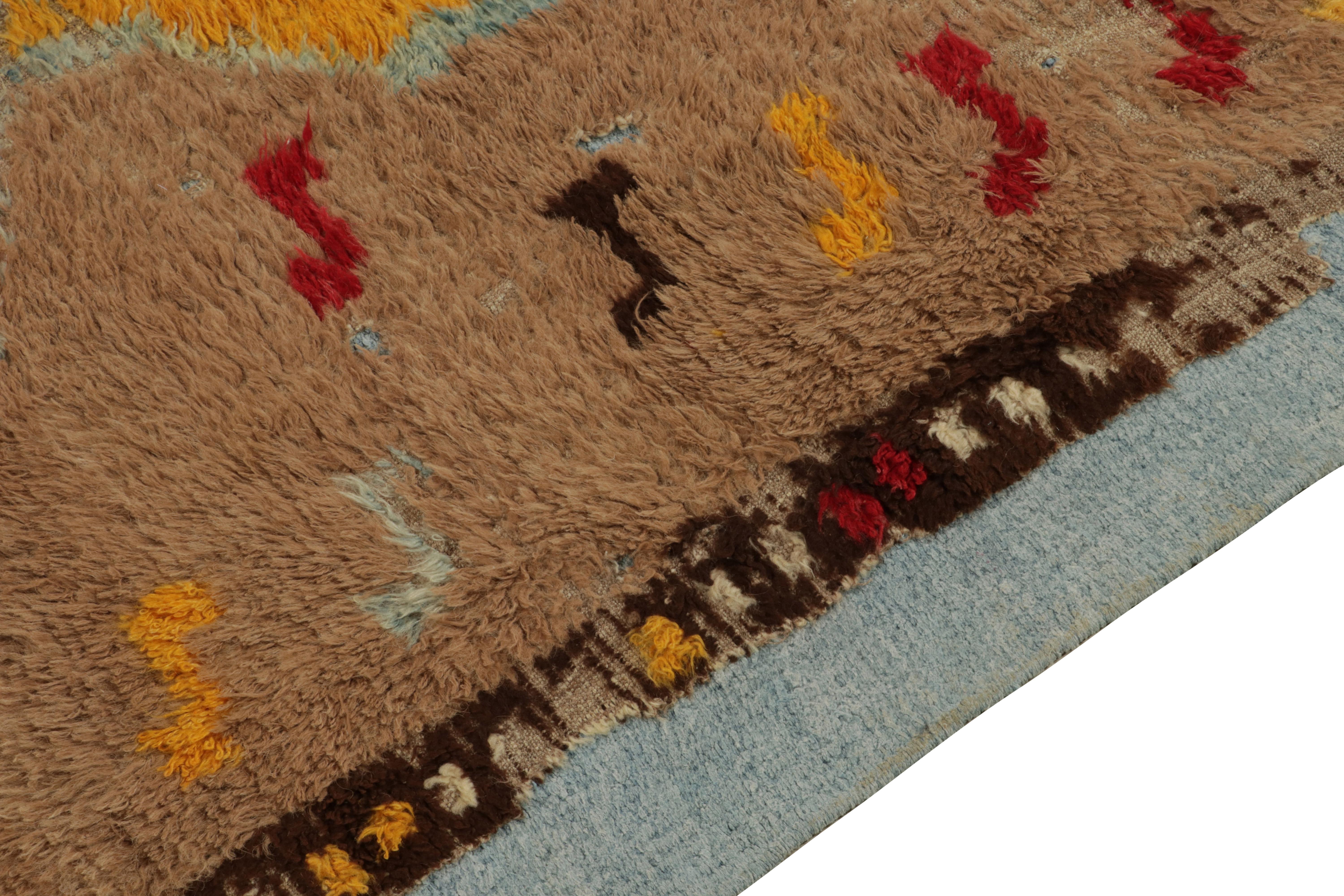 Rug & Kilim's Distressed Brown rug fragment on blue flat weave In New Condition For Sale In Long Island City, NY