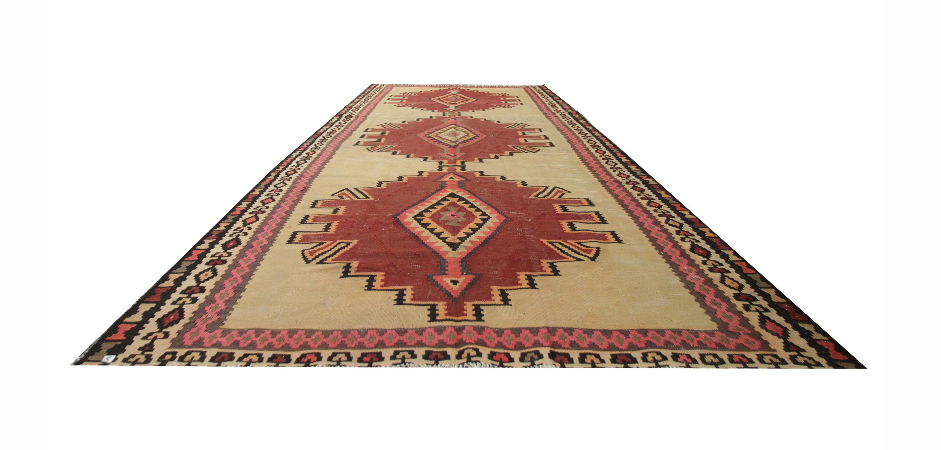 Azerbaijani Handwoven Kilim Rug Geometric Red Wool Caucasian Carpet Tribal Rug For Sale