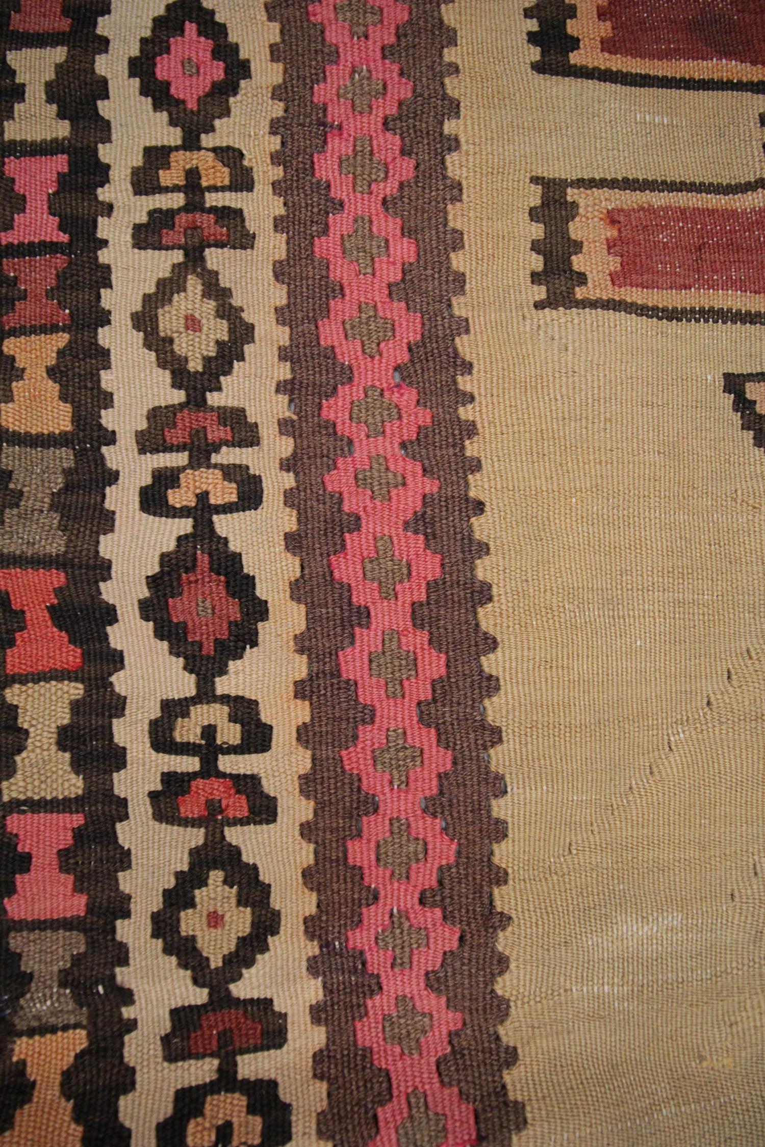 Handwoven Kilim Rug Geometric Red Wool Caucasian Carpet Tribal Rug In Excellent Condition For Sale In Hampshire, GB