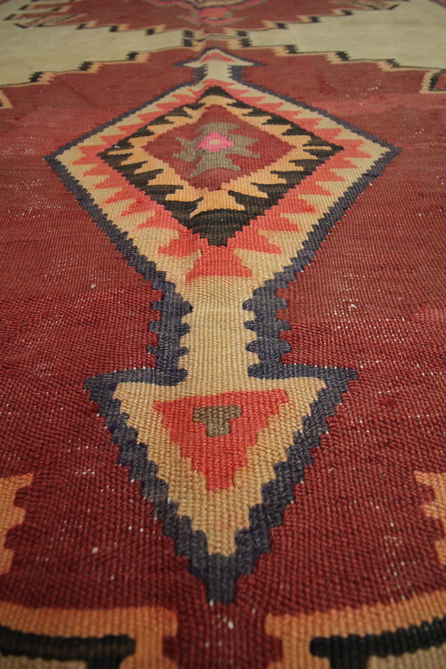 Mid-20th Century Handwoven Kilim Rug Geometric Red Wool Caucasian Carpet Tribal Rug For Sale