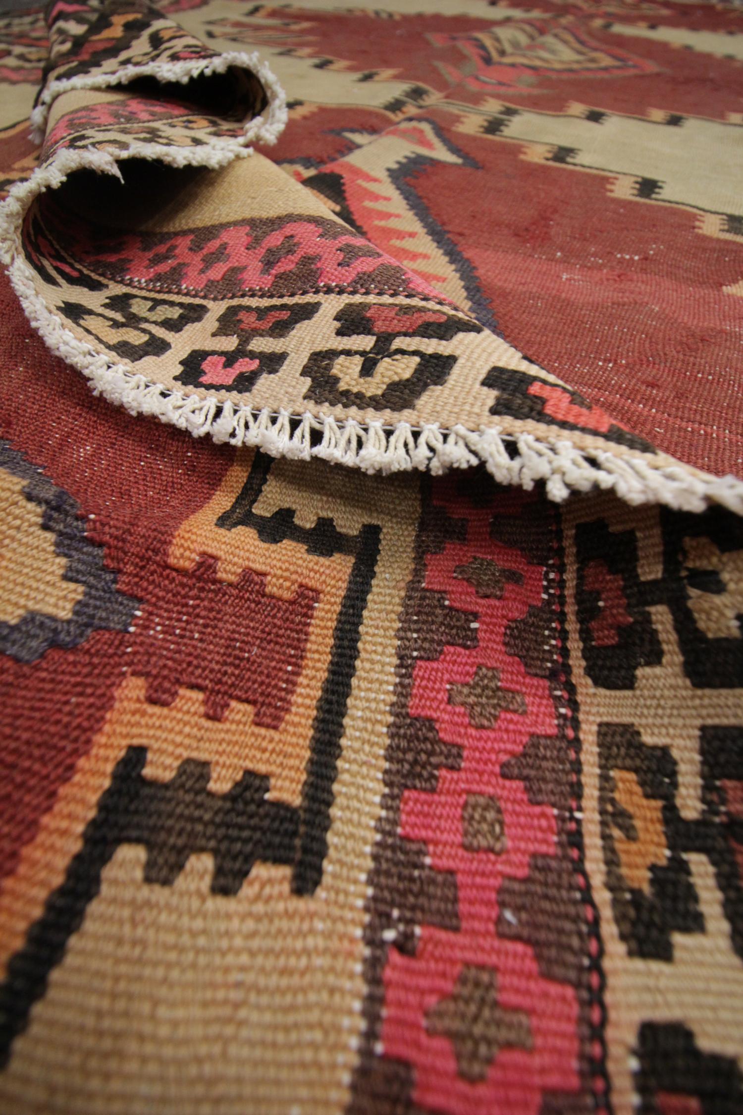 Handwoven Kilim Rug Geometric Red Wool Caucasian Carpet Tribal Rug For Sale 1