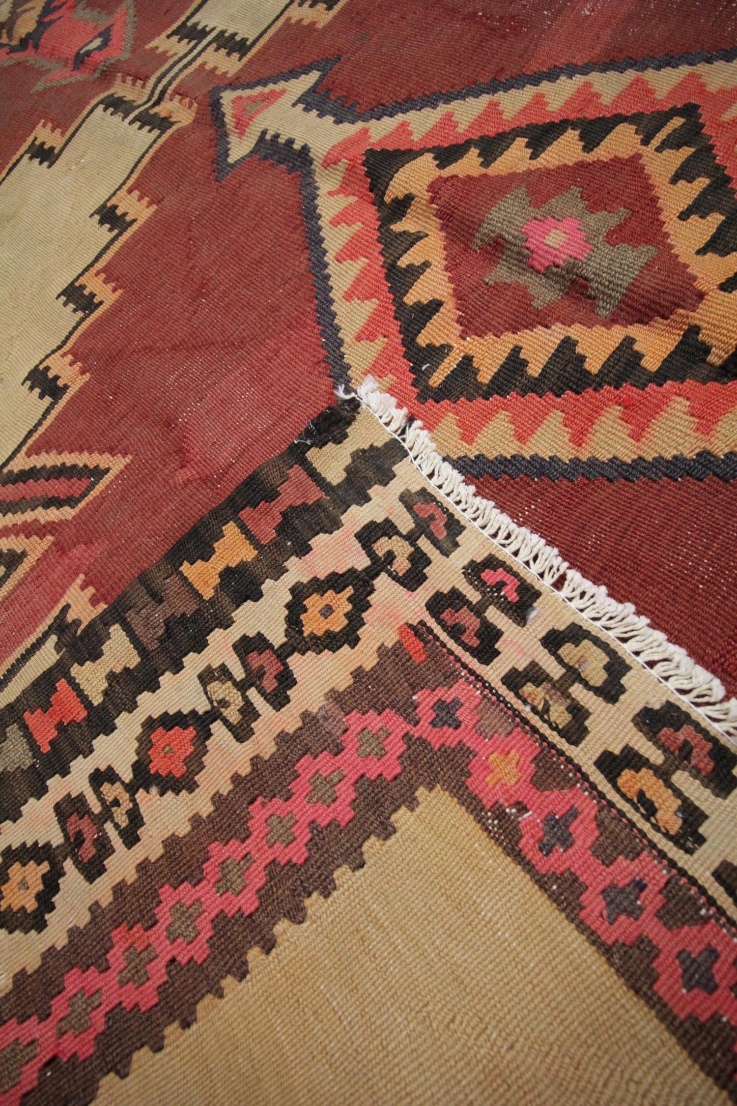 Handwoven Kilim Rug Geometric Red Wool Caucasian Carpet Tribal Rug For Sale 2