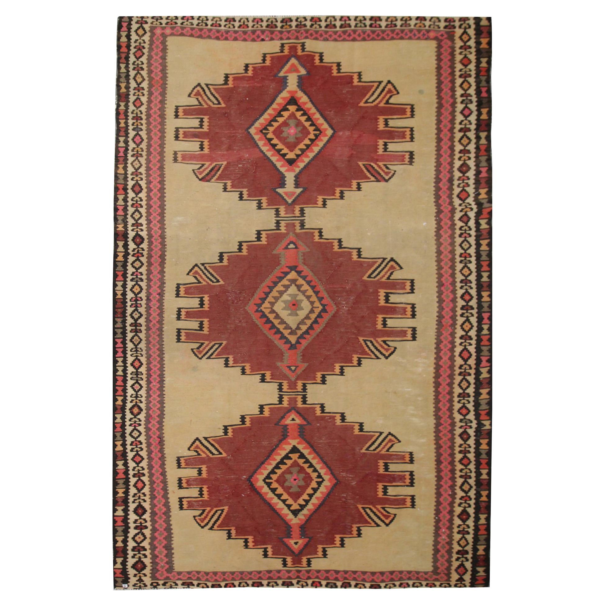 Handwoven Kilim Rug Geometric Red Wool Caucasian Carpet Tribal Rug For Sale