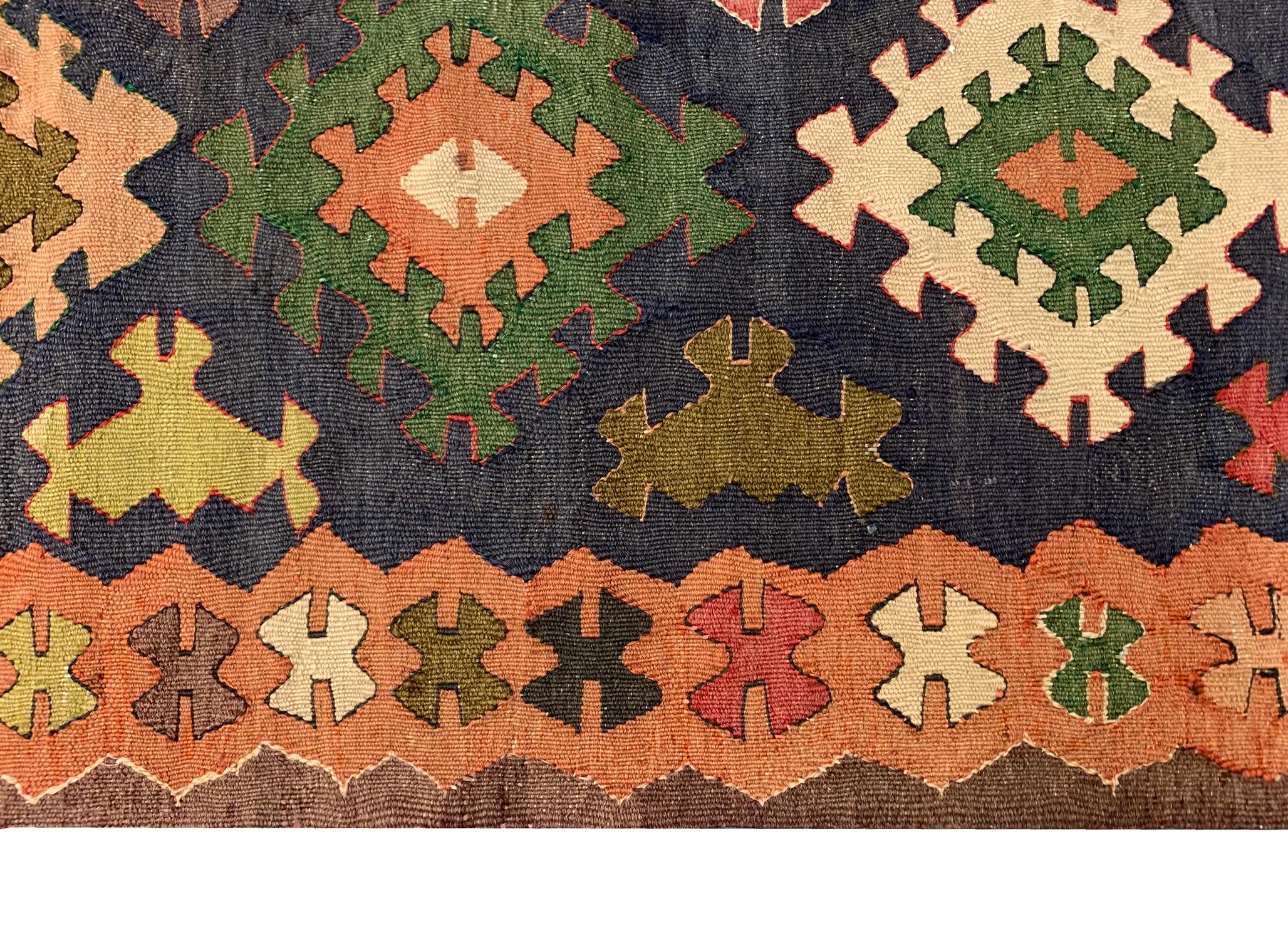 Hand-Knotted Handwoven Kilims Antique Caucasian Kilim Rug Geometric Wool Carpet For Sale