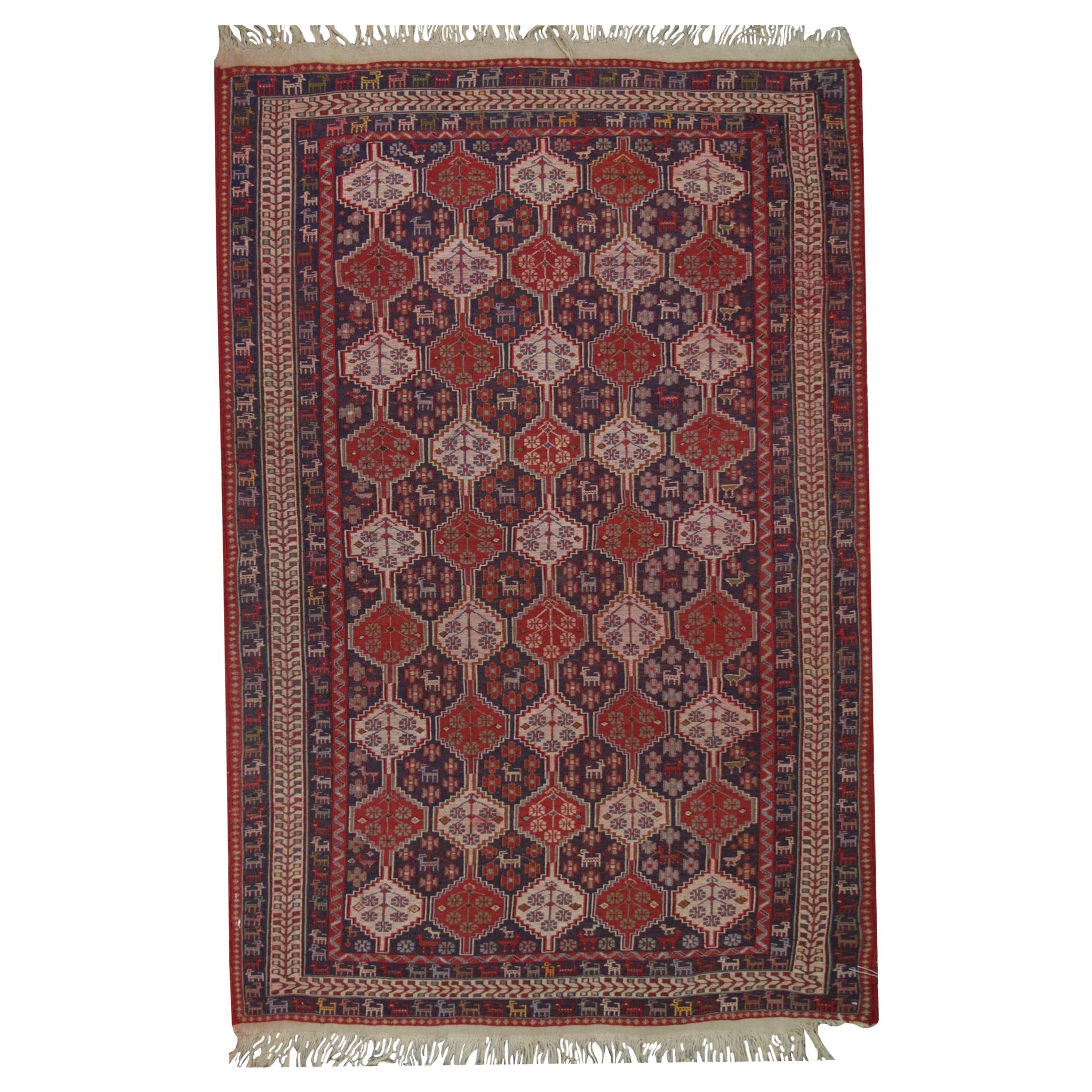 Handgewebter Kilims Orientalischer Teppich, traditioneller Teppich aus roter Sumach-Kelim-Wolle im Angebot
