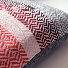 Handwoven Large Block Geometric Merino Wool Cushion Pillow, Papaya/Red/Grey
