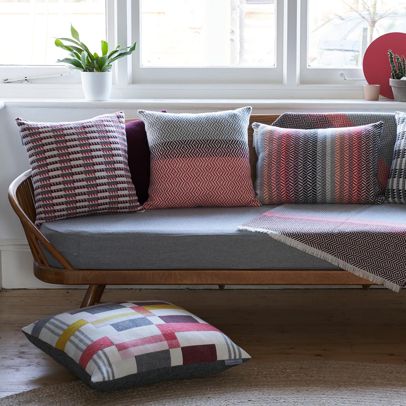 British Handwoven Large Block Geometric Merino Wool Cushion Pillow, Papaya/Red/Grey For Sale