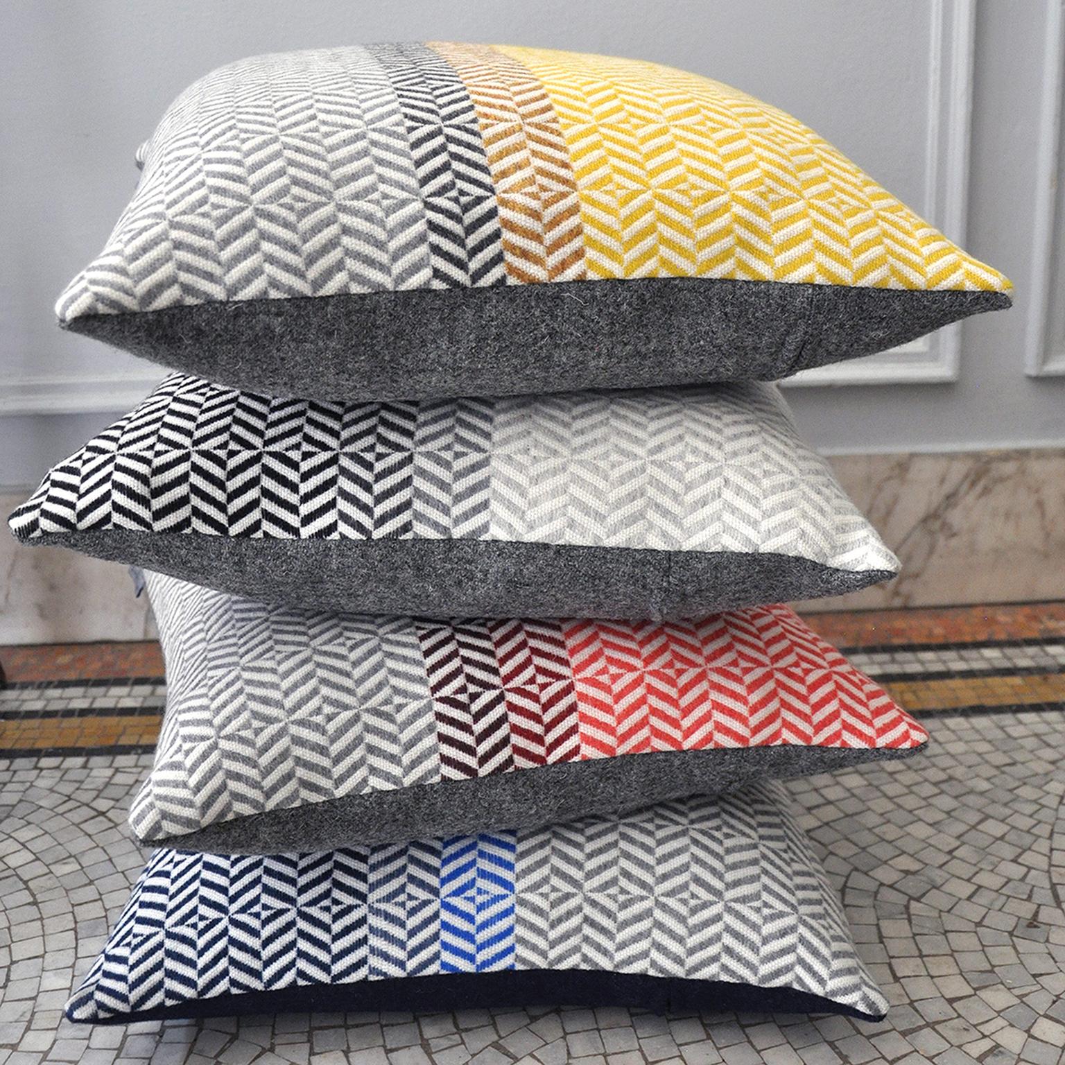 Hand-Woven Handwoven Large Block Geometric Merino Wool Cushion Pillow, Papaya/Red/Grey For Sale