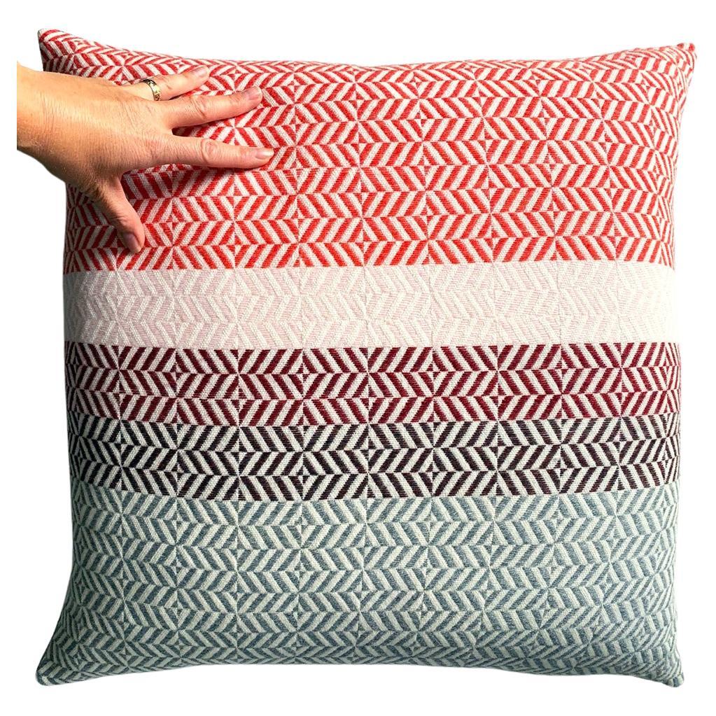 Handwoven Large Block Geometric Merino Wool Cushion Pillow, Papaya/Red/Grey For Sale