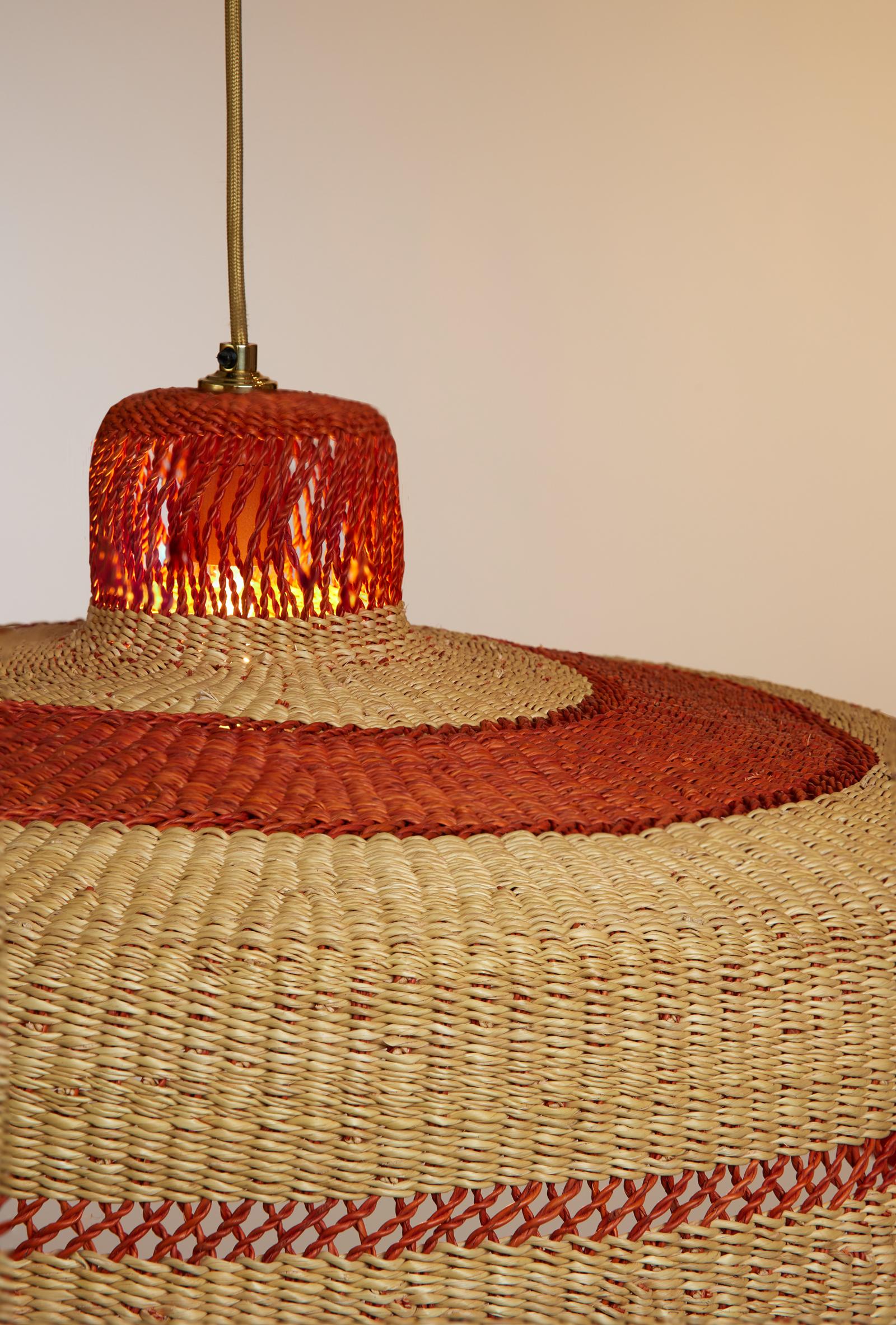 Handwoven Large Pendant Lamp Wide Rim Straw Terracotta Natural 2