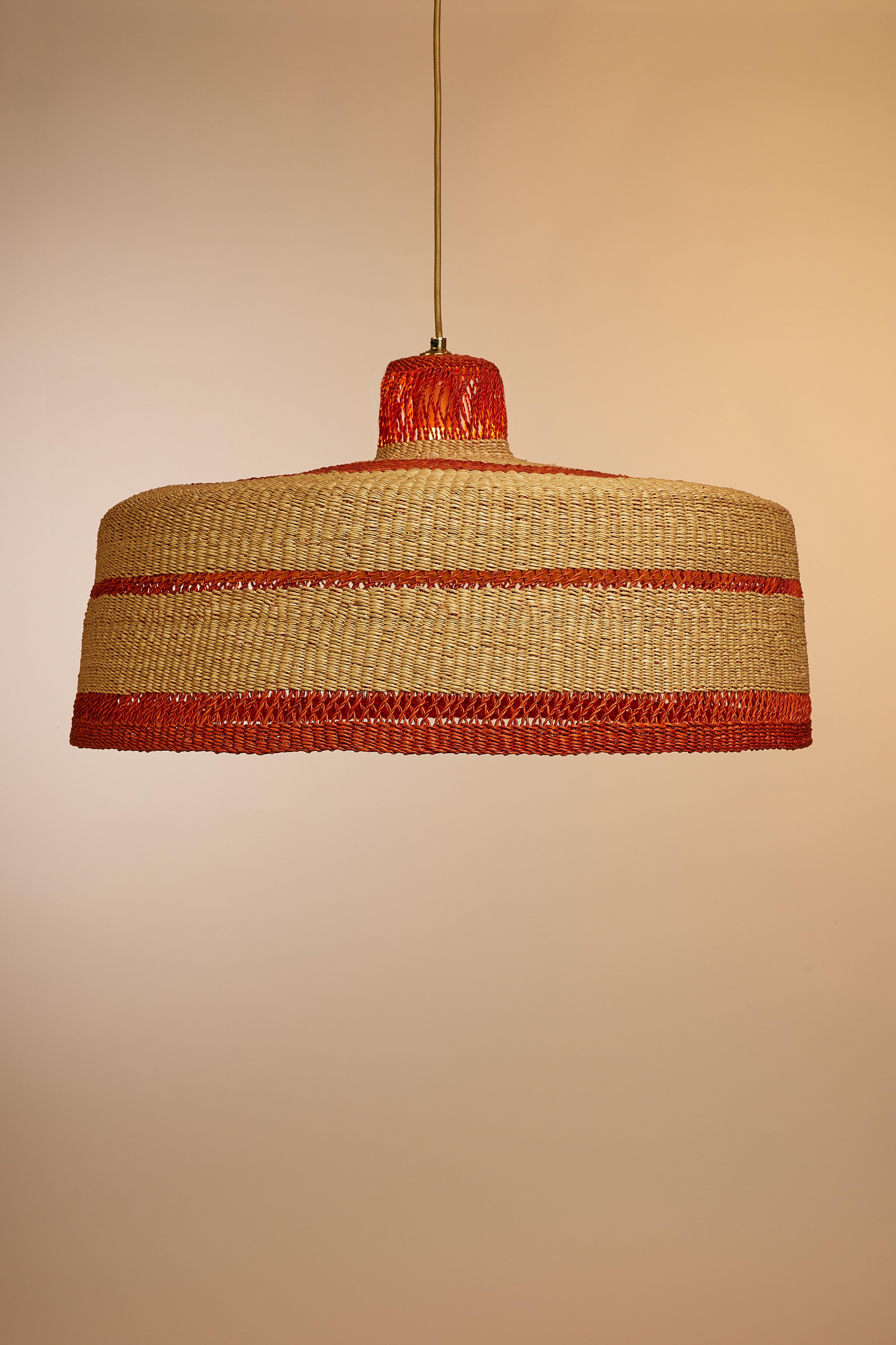 Ghanaian Handwoven Large Pendant Lamp Wide Rim Straw Terracotta Natural