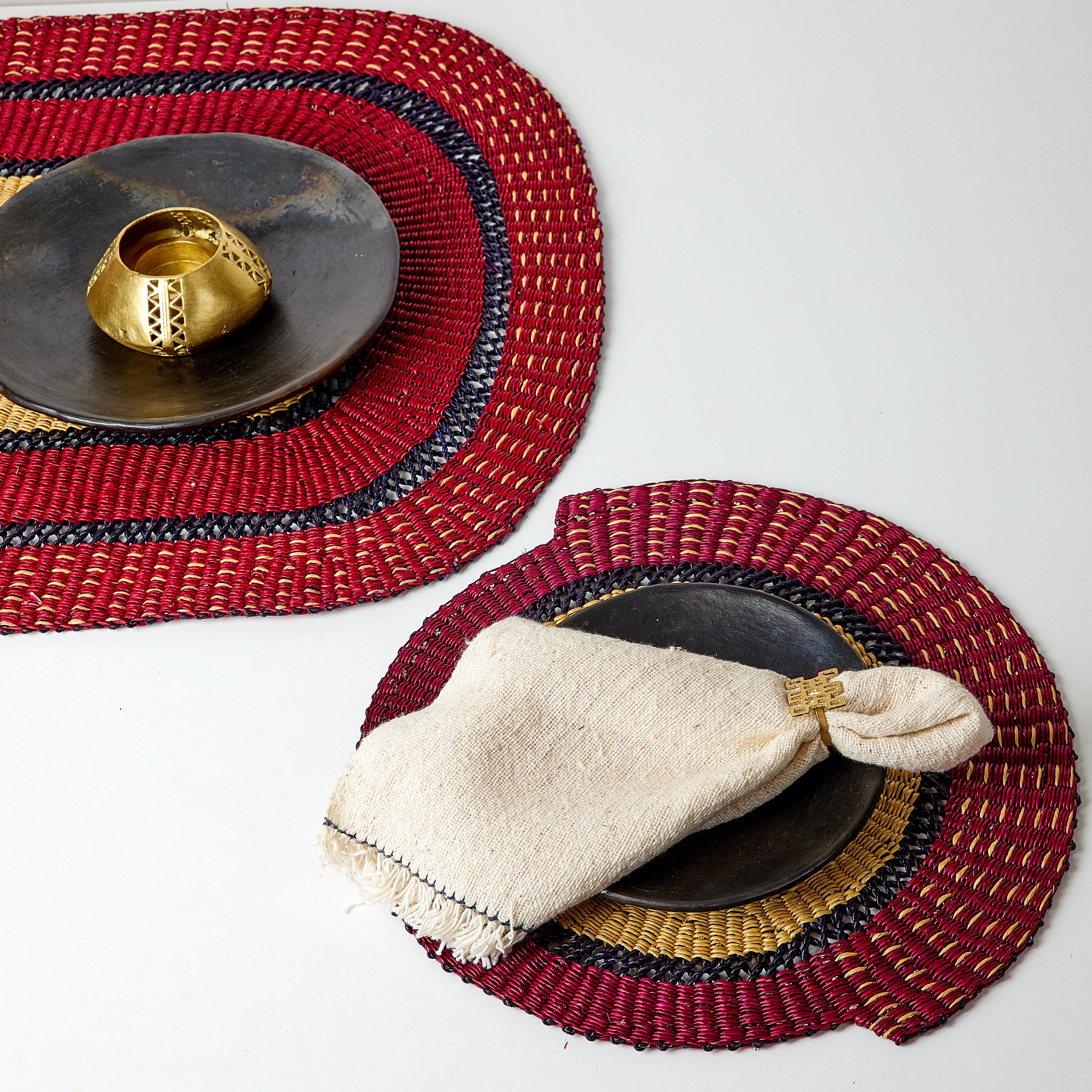 Handwoven Large Table Mat, Burgundy Red, Rich African Inspired Dining