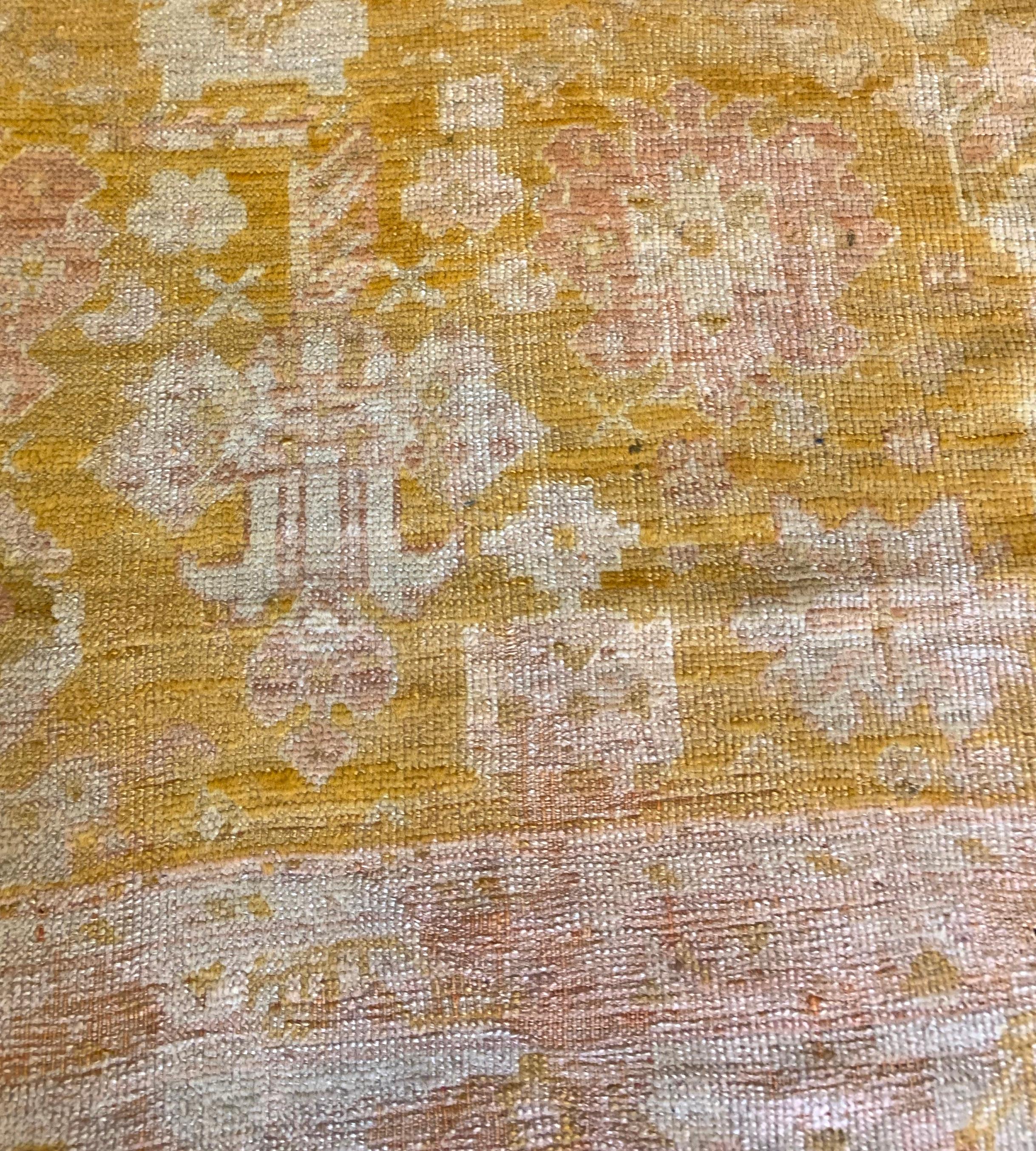 Turkish Handwoven Lemon-Yellow Antique Oushak Rug For Sale