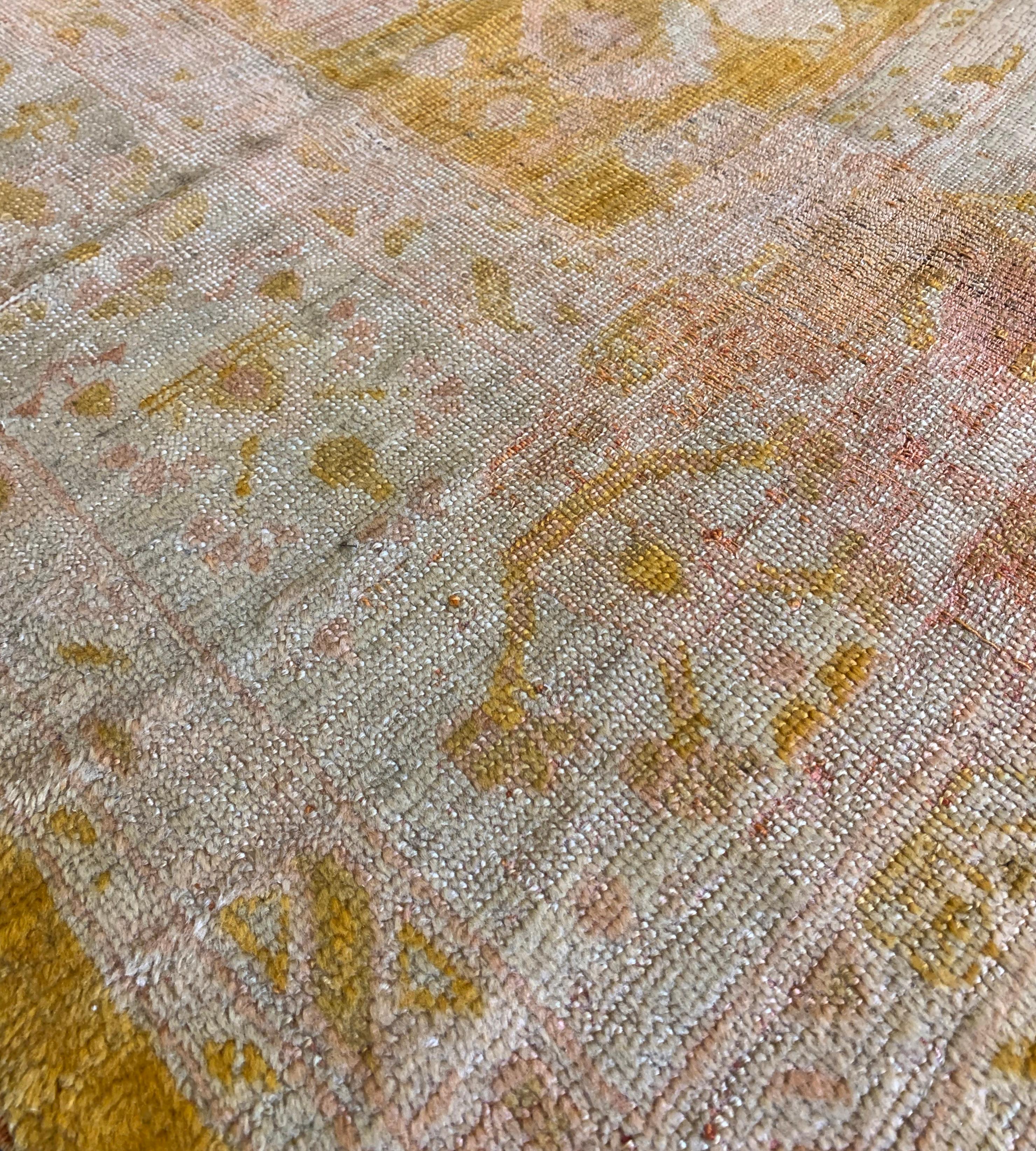 Handwoven Lemon-Yellow Antique Oushak Rug In Good Condition For Sale In West Hollywood, CA