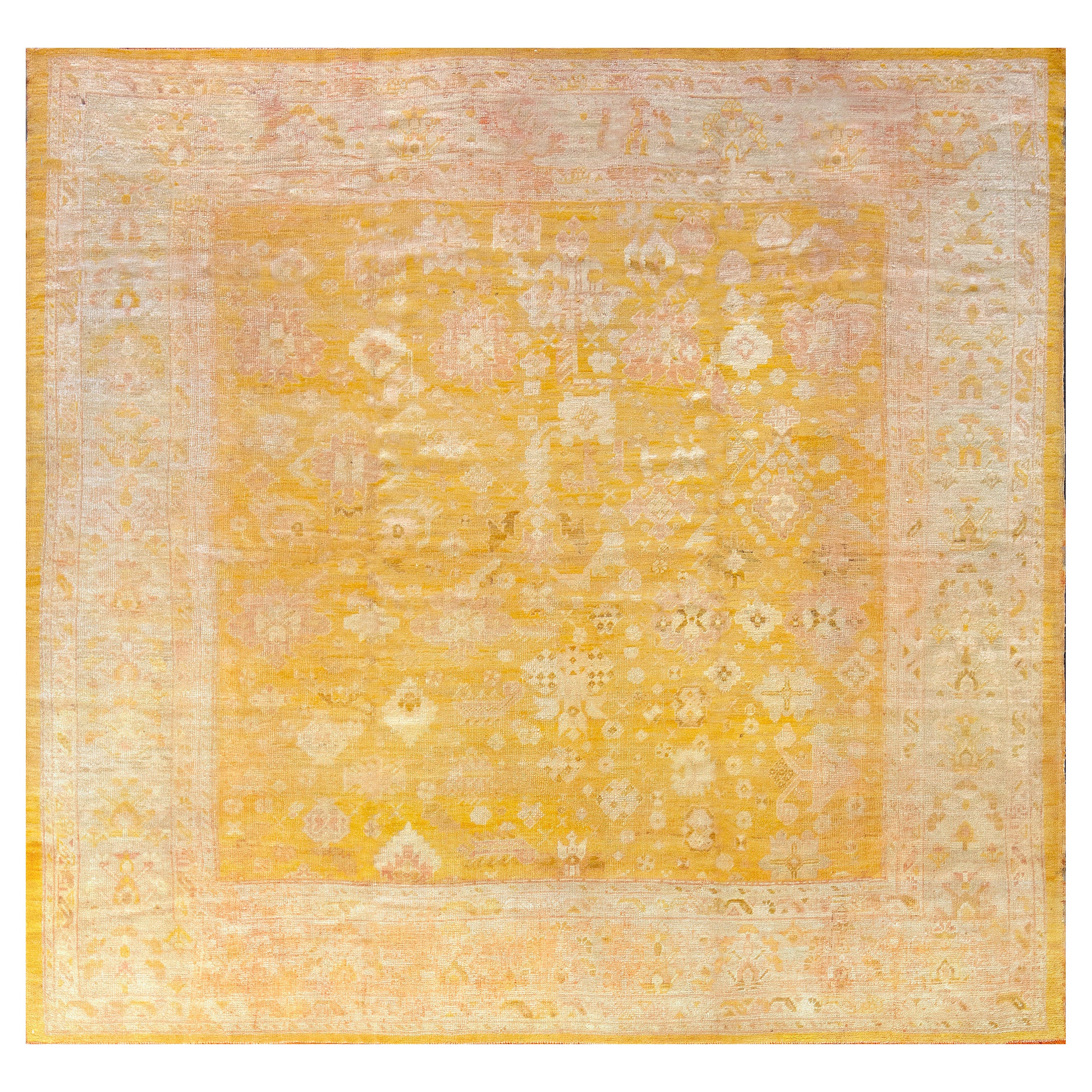 Handwoven Lemon-Yellow Antique Oushak Rug For Sale