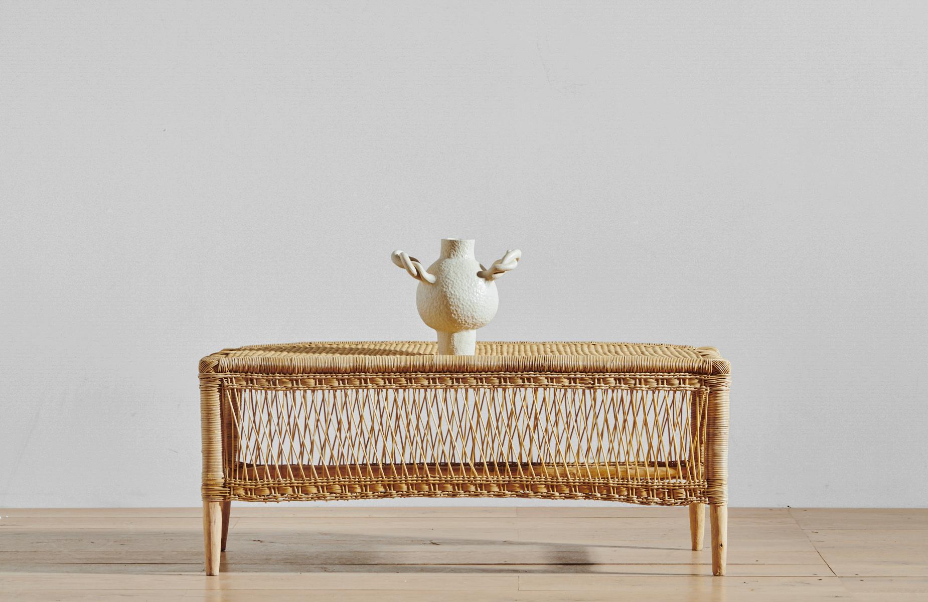 Contemporary Handwoven Malawi Cane Bench in Open Weave