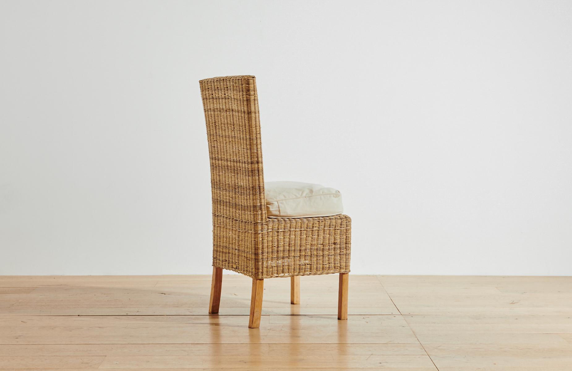 Malawian Handwoven Malawi Cane Dining Chair in Closed Weave with White Linen Cushion For Sale