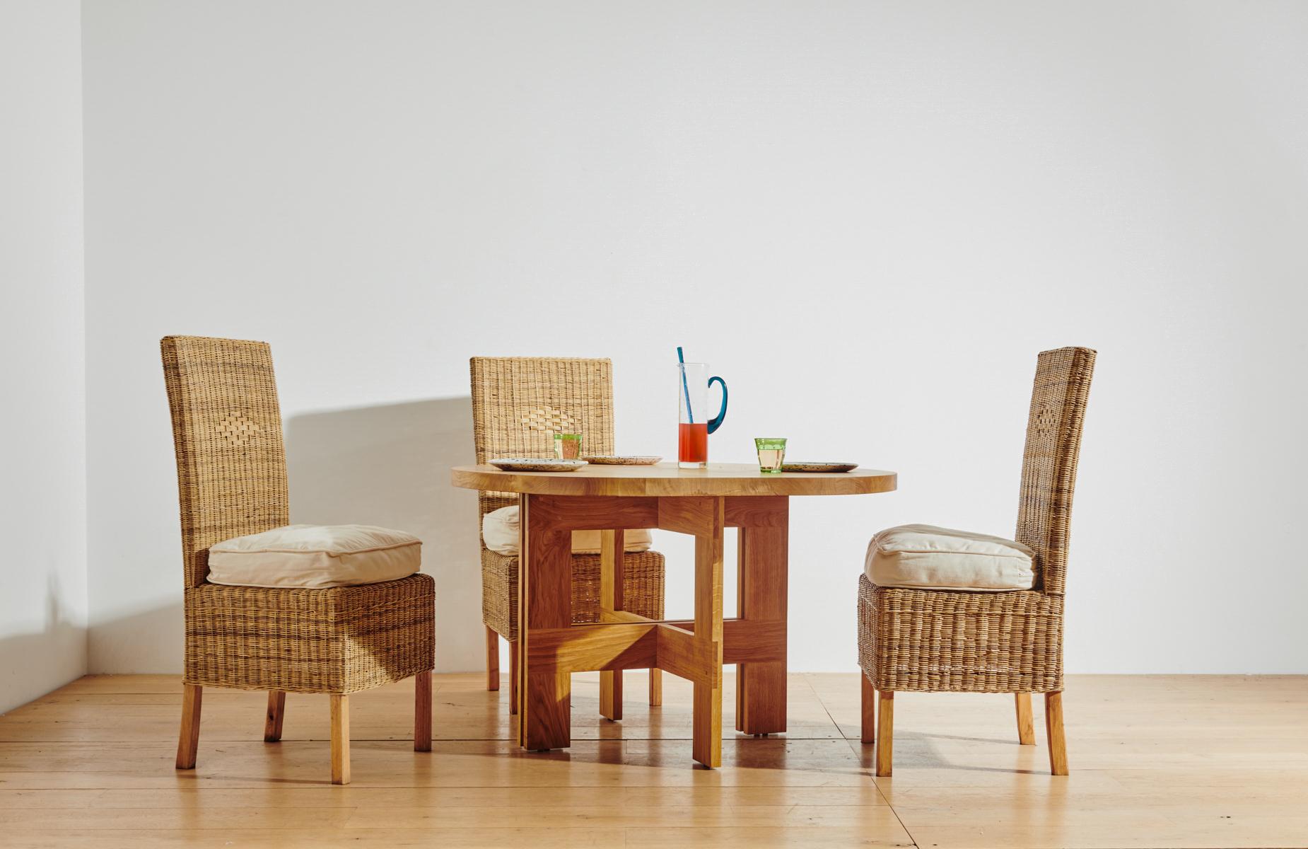 Hand-Woven Handwoven Malawi Cane Dining Chair in Closed Weave with White Linen Cushion For Sale