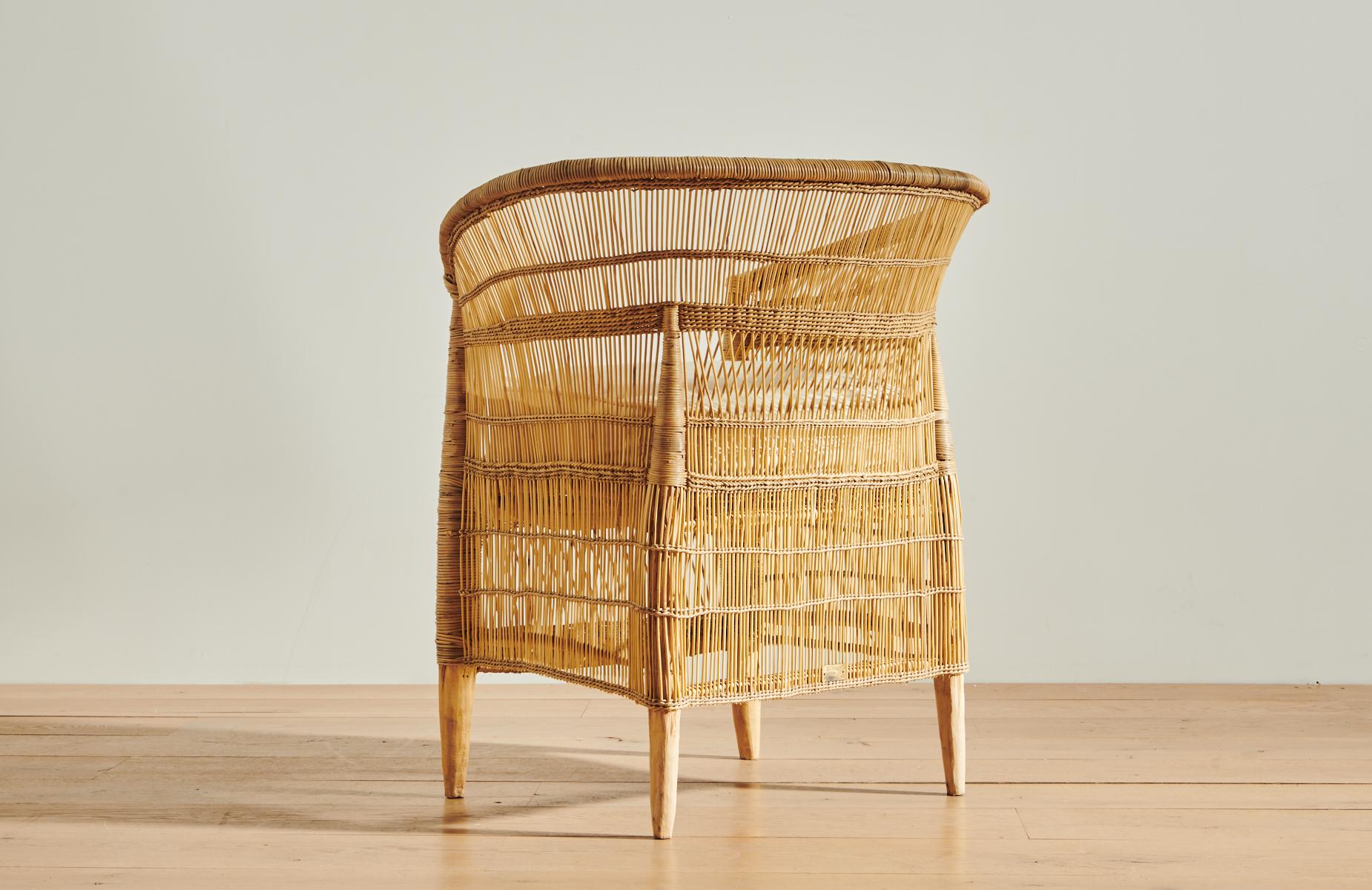 International Style Handwoven Malawi Cane Lounge Chair in Open Weave with White Linen Cushion