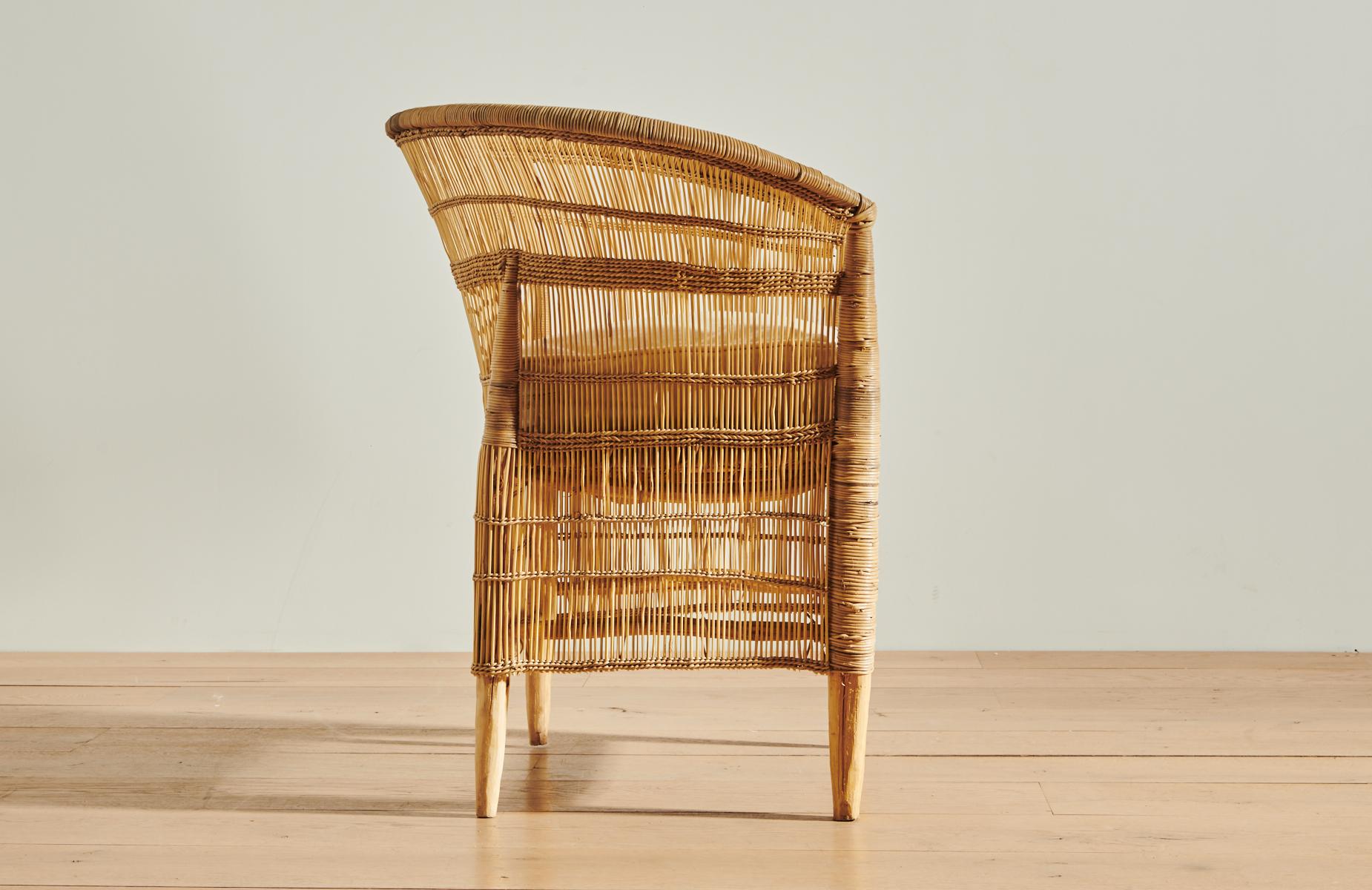 Malawian Handwoven Malawi Cane Lounge Chair in Open Weave with White Linen Cushion
