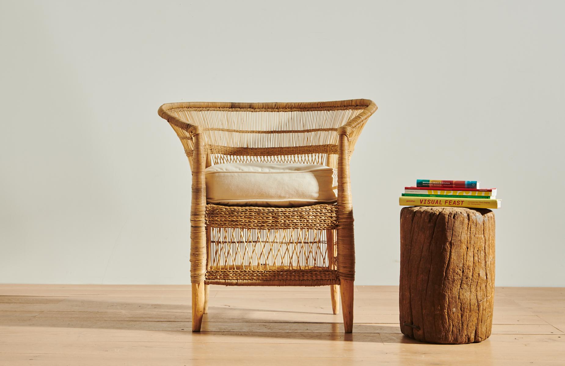 Woven Handwoven Malawi Cane Lounge Chair in Open Weave with White Linen Cushion