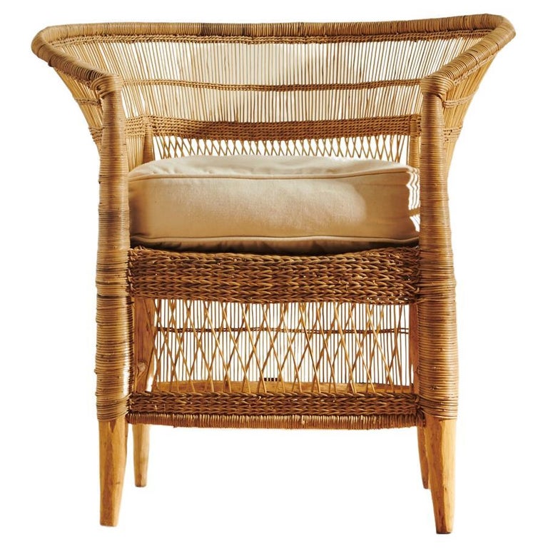 Handwoven Malawi Cane Lounge Chair in Open Weave with White Linen