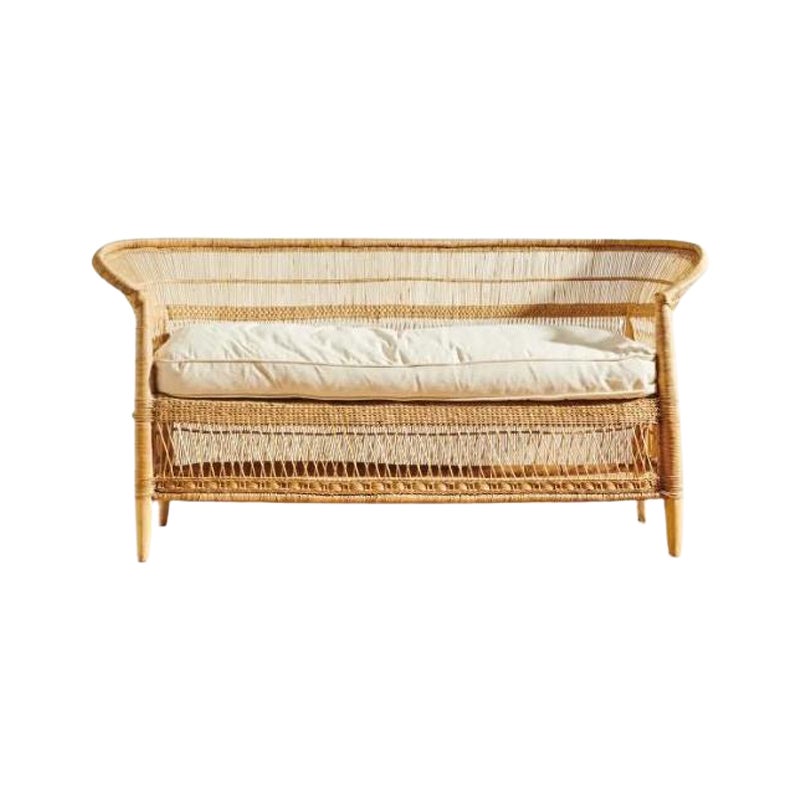 Handwoven Malawi Cane Sofa in Traditional Weave with White Linen Cushion