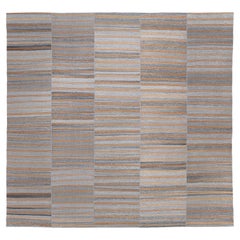 Handwoven Mazandaran Flat Weave Rug in Natural Gray with Orange Stripe Accents