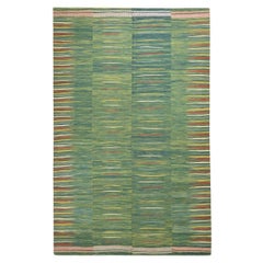 Handwoven Mazandaran Kelim, North Persia, Vibrant Green and Multicolor Stripes