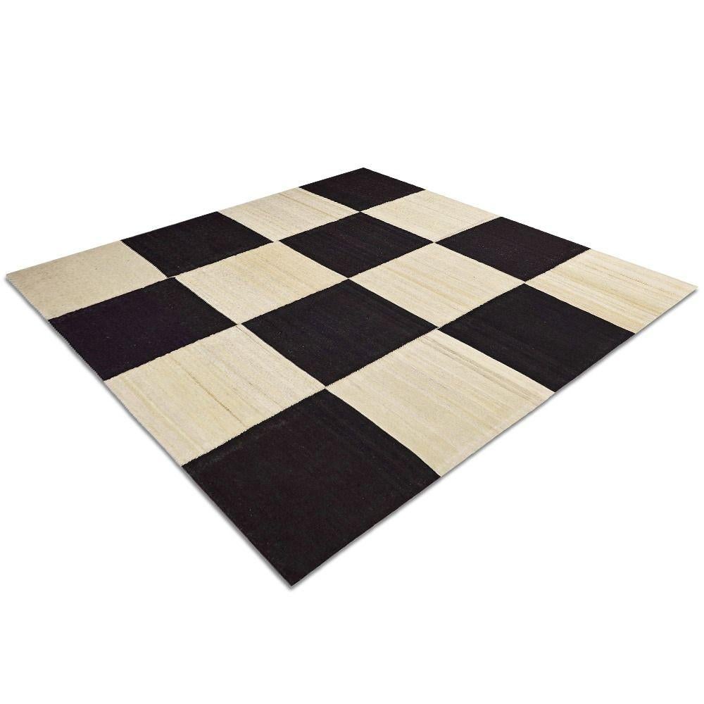 Persiano Tappeto Mazandaran Kilim tessuto a mano - Rug & Kilim a scacchiera bianco e nero, lana in vendita