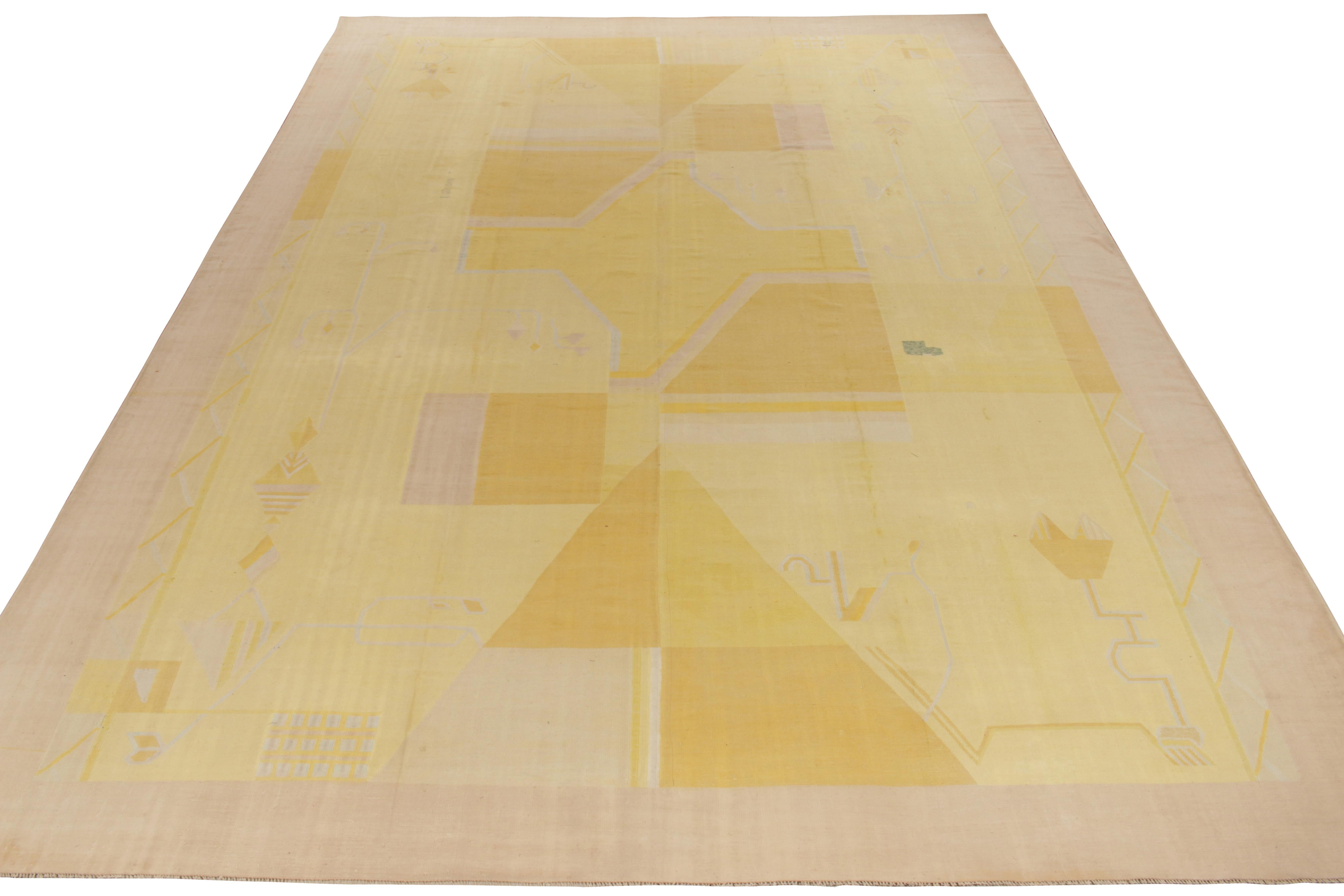 Handwoven in wool circa 1950-1960, a fabulous, rare vintage Indian Kilim rug boasting a union of mid century sensibilities with an art deco pattern in canary yellow and luscious cream tones. In excellent condition, a rare 12x17 piece capable of