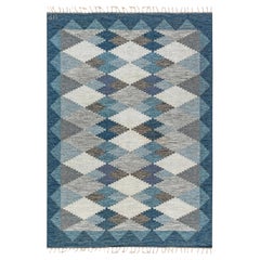 Handwoven Midcentury Scandinavian Flat-Weave Rug in Blue, Grey and Beige Handwoven Midcentury Scandinavian Flat-Weave Rug in Blue, Grey and Beige