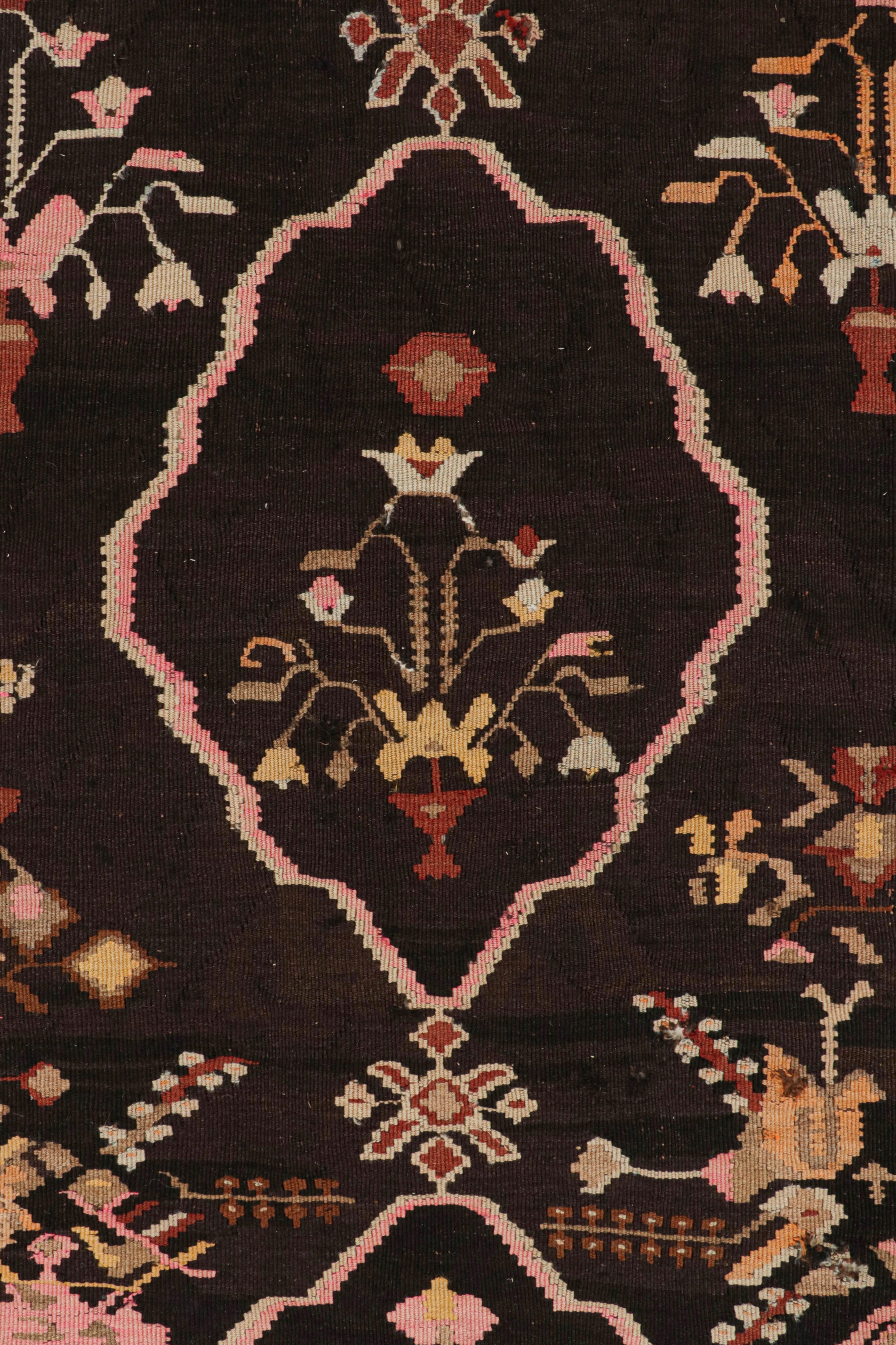 Turkish Handwoven Midcentury Vintage Rug in Beige Brown Floral Pattern by Rug & Kilim For Sale