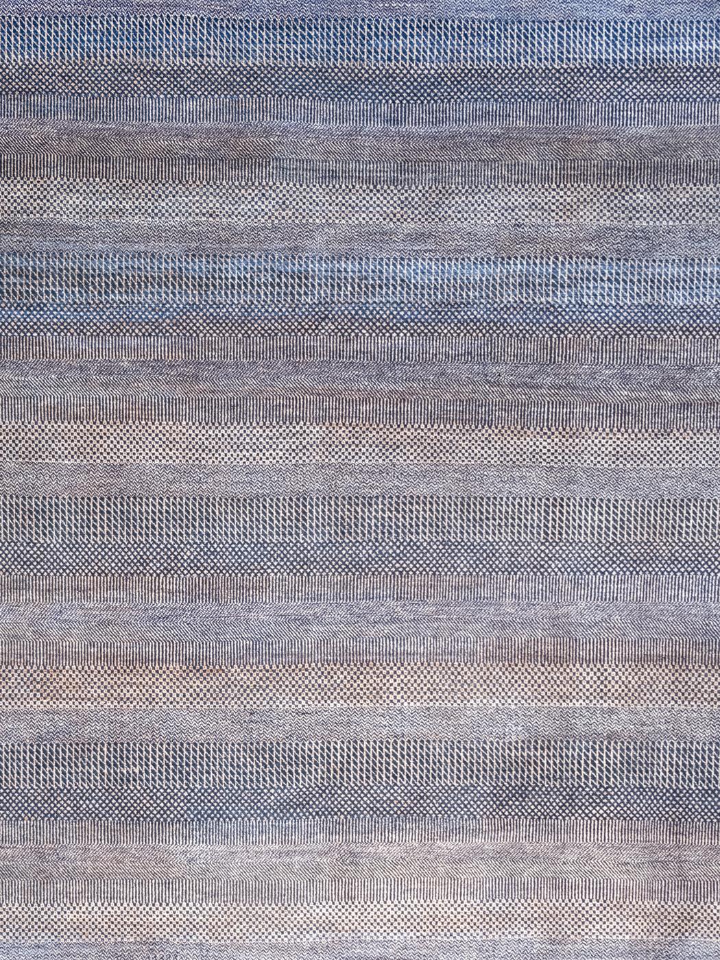 XXI secolo e contemporaneo Tappeto minimalista in lana tessuto a mano con sottili strisce blu e rame, 8' x 10' in vendita