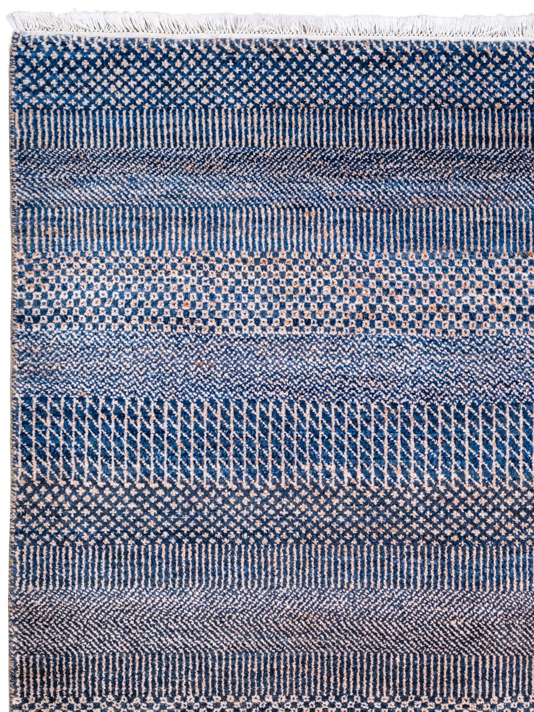 Tappeto minimalista in lana tessuto a mano con sottili strisce blu e rame, 8' x 10' in vendita 1