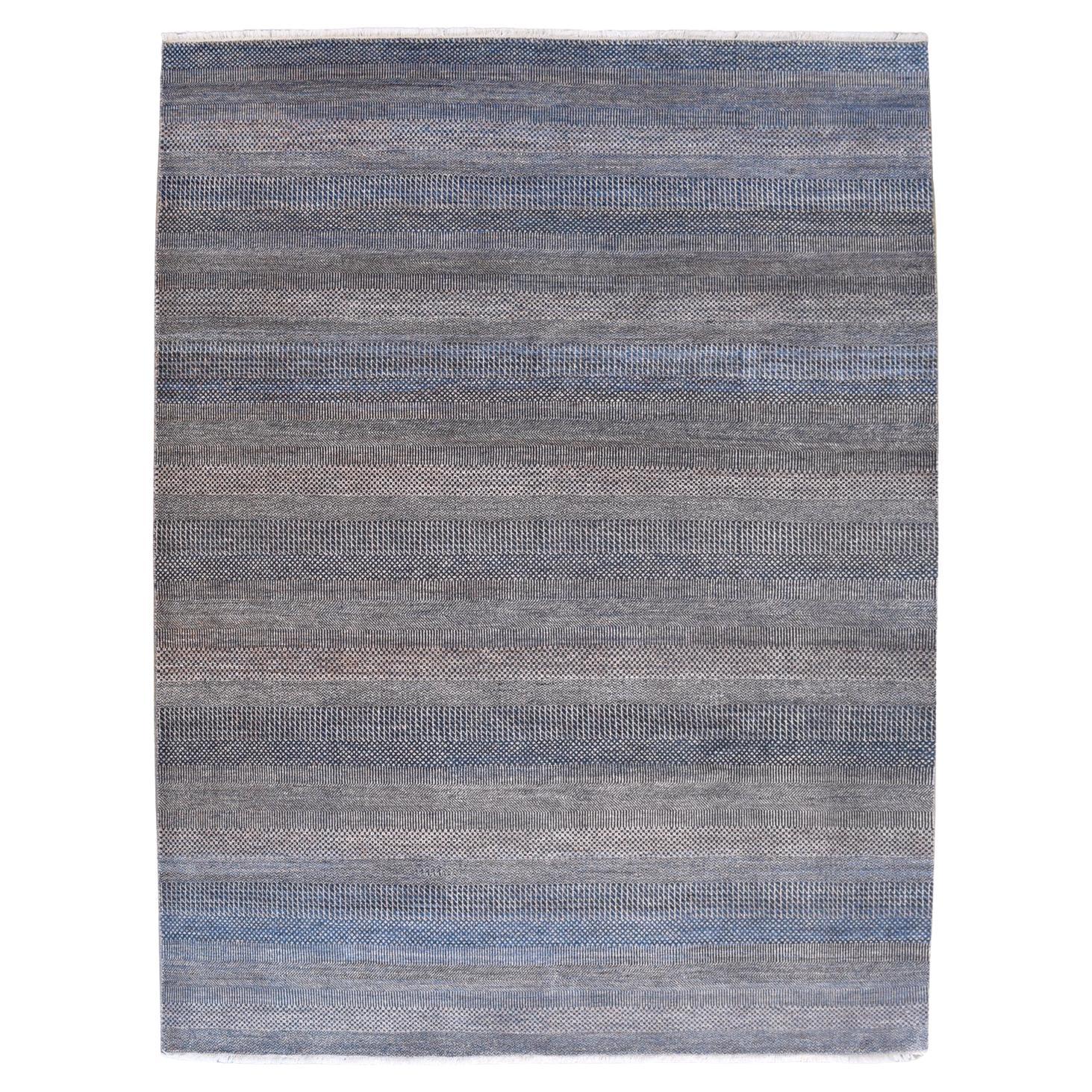 Tappeto minimalista in lana tessuto a mano con sottili strisce blu e rame, 8' x 10' in vendita