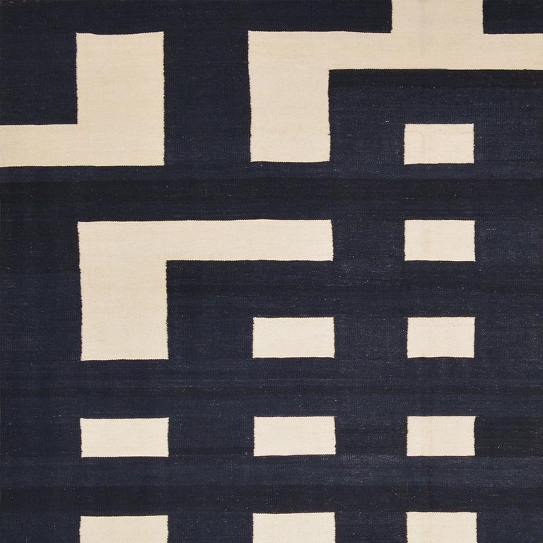 21st Century Handwoven Modern Black and White Pakistani Kilim Carpet