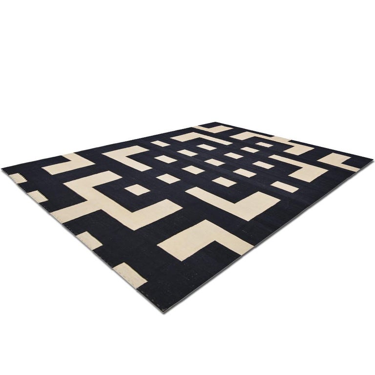 21st Century Handwoven Modern Black and White Pakistani Kilim Carpet