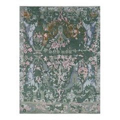 Alfombra moderna de ikat tejida a mano, de lana y algodón, con motivos en verde y rosa, de la India
