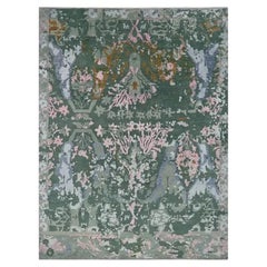 Alfombra moderna de ikat tejida a mano, de lana y algodón, con motivos en verde y rosa, de la India