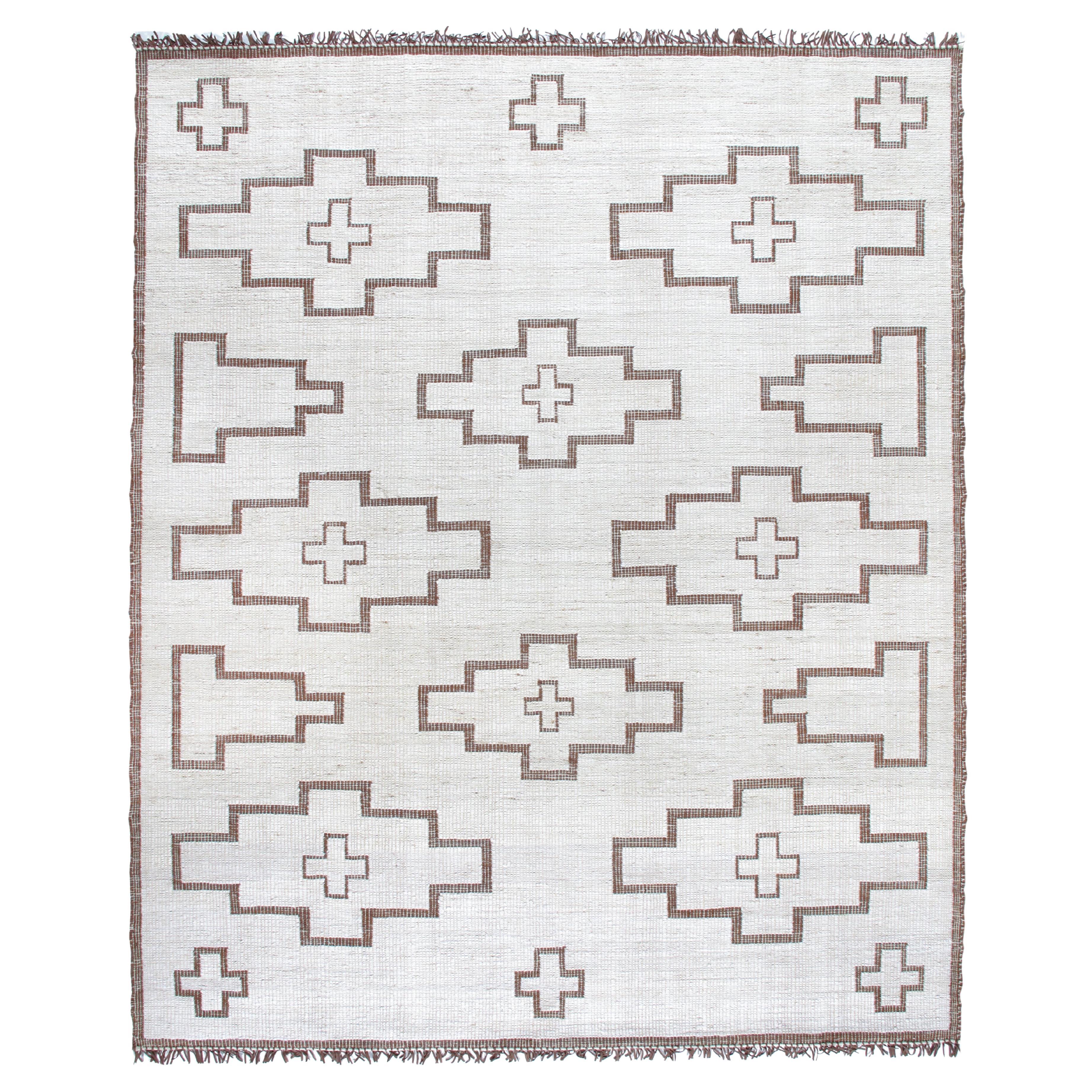 Handgewebter moderner indischer Teppich Merinowolle und Leder, minimalistischer marokkanischer Stil