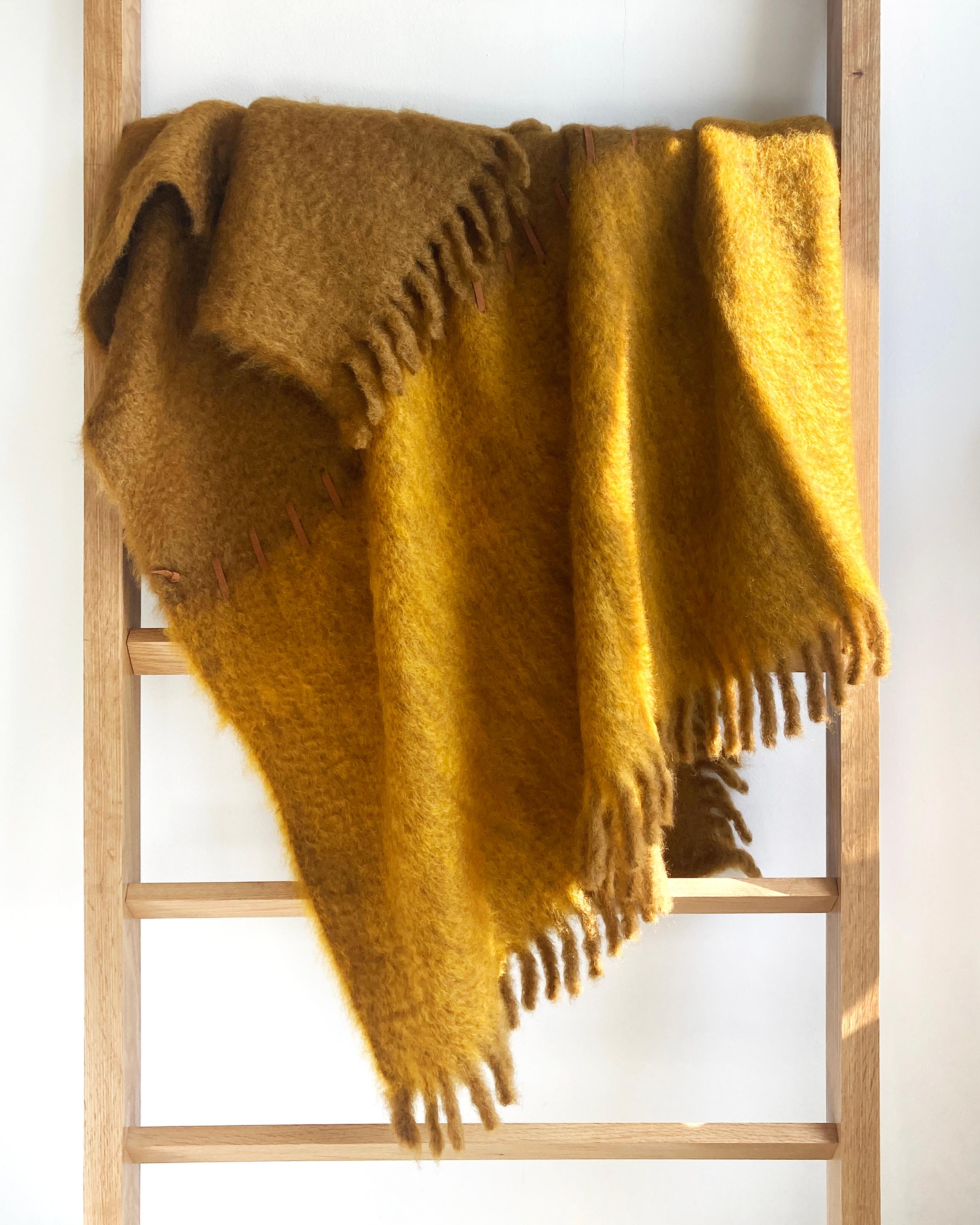 Modern Handwoven Mohair Blanket with Suede Whipstitch in Brown and Mustard Yellow For Sale